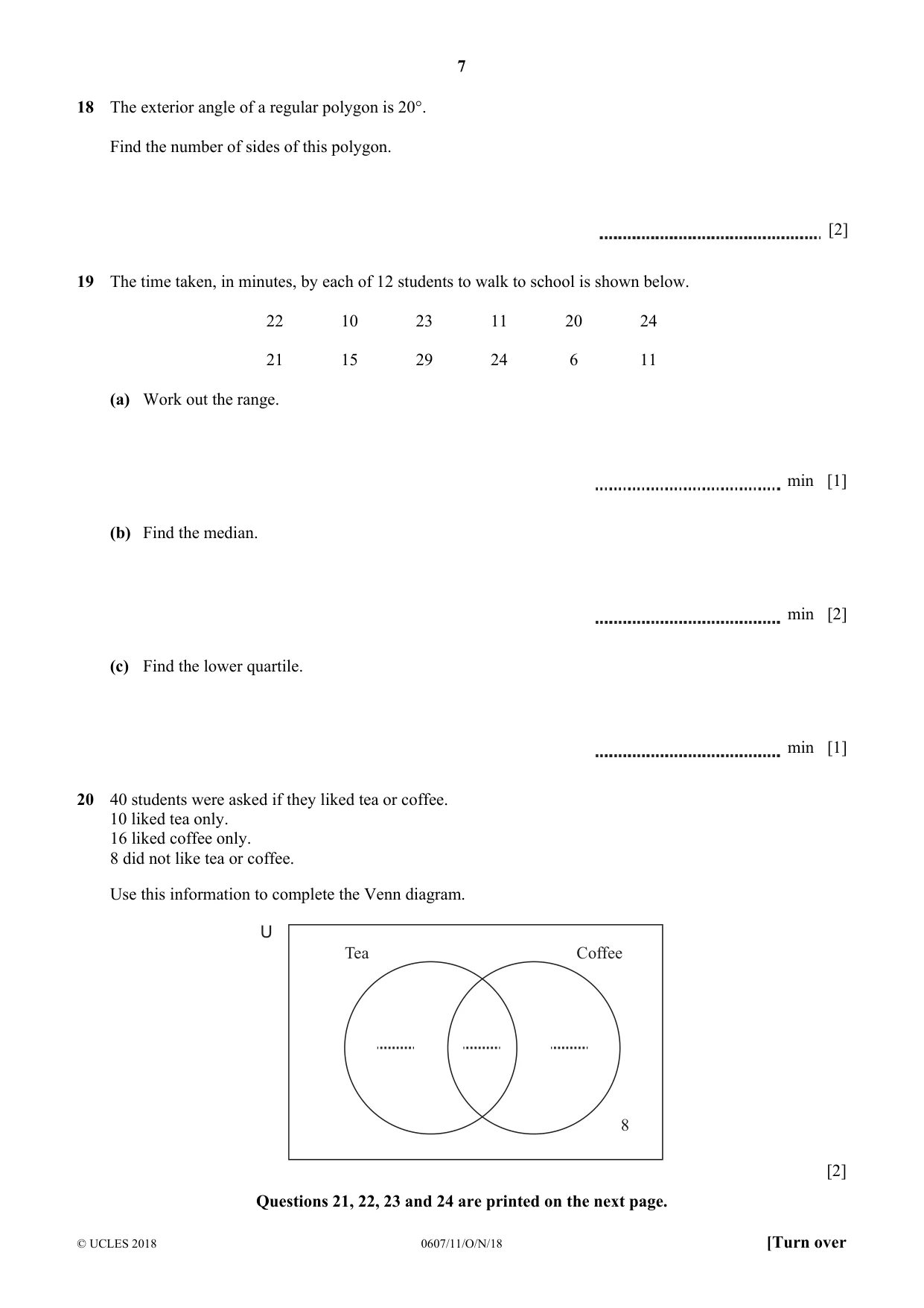 Cambridge IGCSE Mathematics - International 0607 2018 Oct/Nov Paper 1 · Variant 1 question paper, page 7 of 8