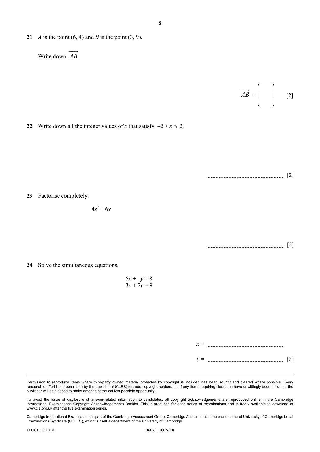 Cambridge IGCSE Mathematics - International 0607 2018 Oct/Nov Paper 1 · Variant 1 question paper, page 8 of 8