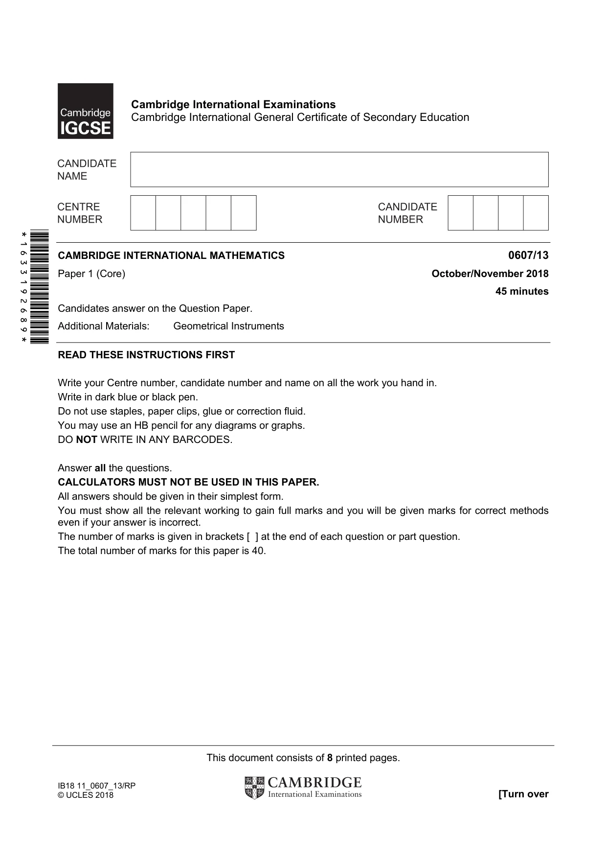 Cambridge IGCSE Mathematics - International 0607 2018 Oct/Nov Paper 1 · Variant 3 question paper, page 1 of 8