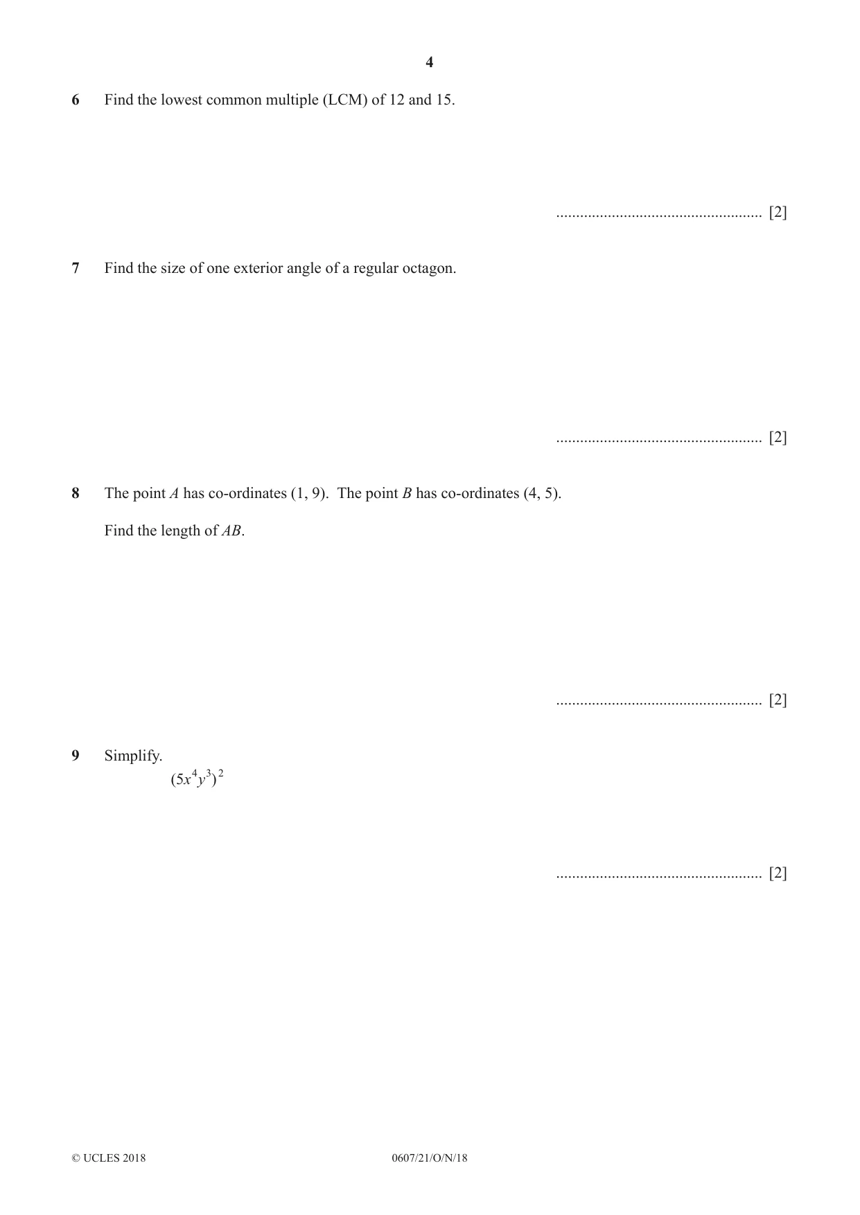 Cambridge IGCSE Mathematics - International 0607 2018 Oct/Nov Paper 2 · Variant 1 question paper, page 4 of 8