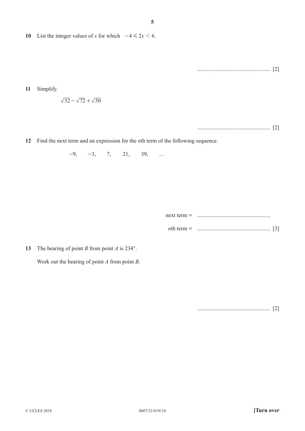 Cambridge IGCSE Mathematics - International 0607 2018 Oct/Nov Paper 2 · Variant 1 question paper, page 5 of 8