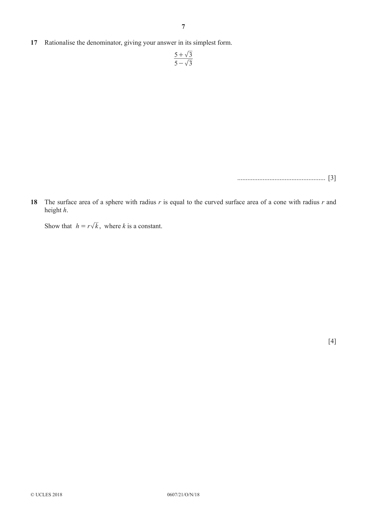 Cambridge IGCSE Mathematics - International 0607 2018 Oct/Nov Paper 2 · Variant 1 question paper, page 7 of 8