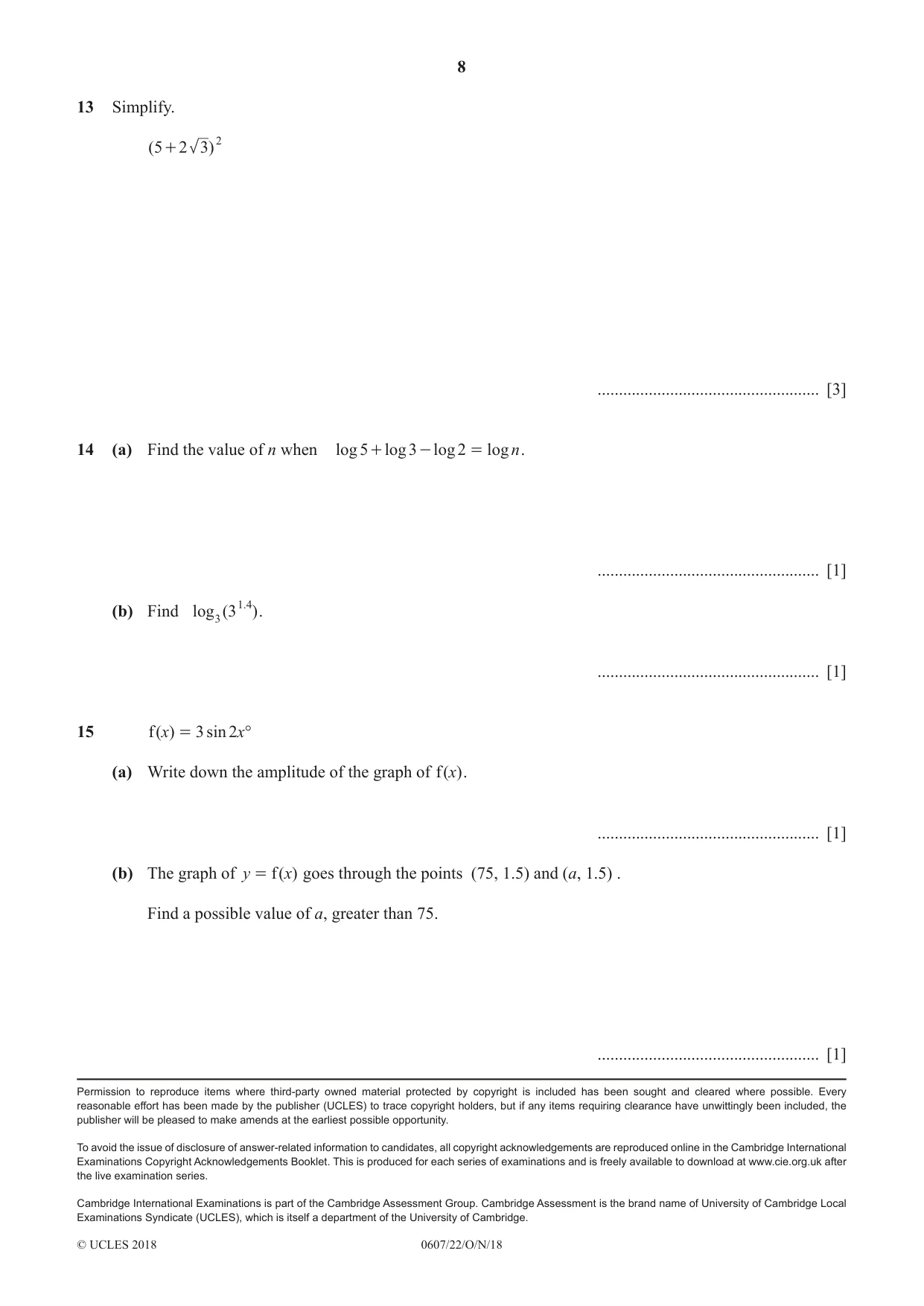 Cambridge IGCSE Mathematics - International 0607 2018 Oct/Nov Paper 2 · Variant 2 question paper, page 8 of 8