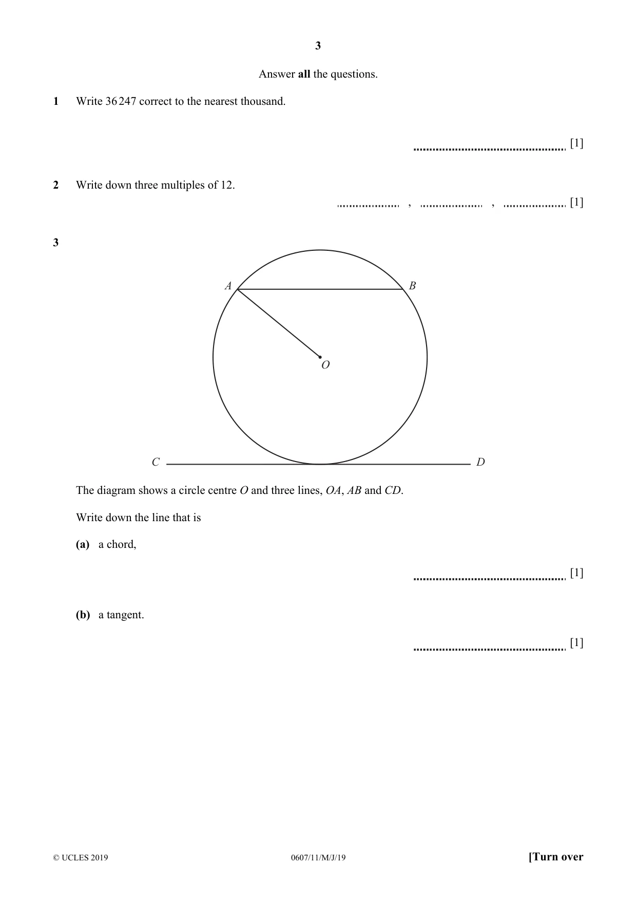 Cambridge IGCSE Mathematics - International 0607 2019 May/June Paper 1 · Variant 1 question paper, page 3 of 12