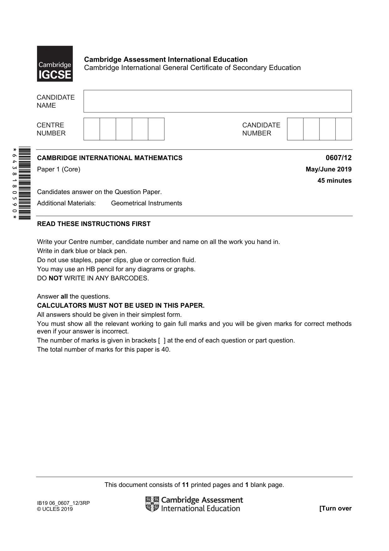 Cambridge IGCSE Mathematics - International 0607 2019 May/June Paper 1 · Variant 2 question paper, page 1 of 12