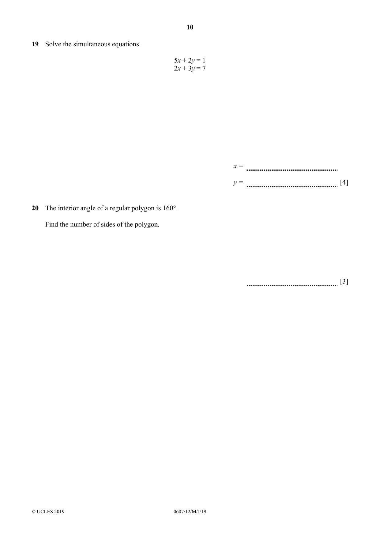 Cambridge IGCSE Mathematics - International 0607 2019 May/June Paper 1 · Variant 2 question paper, page 10 of 12