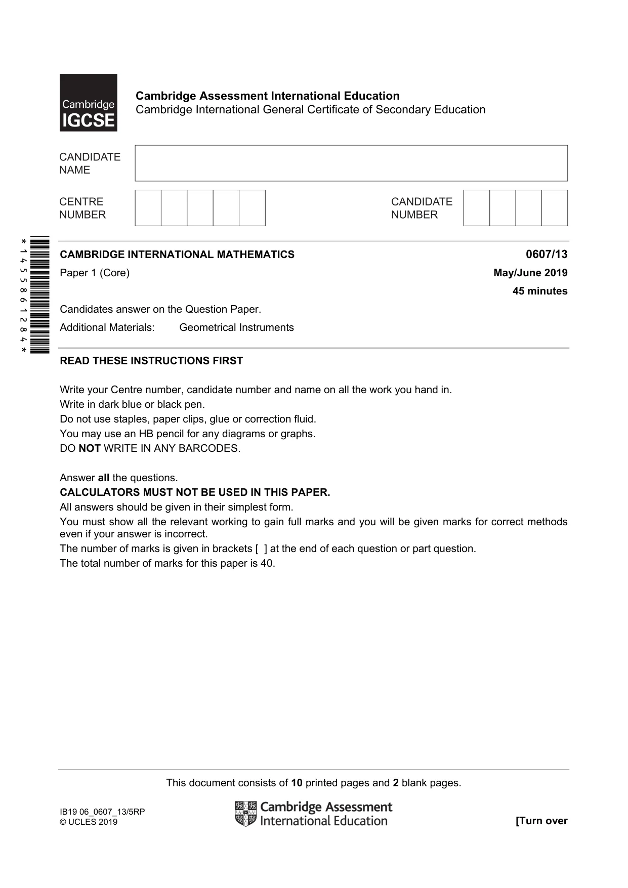 Cambridge IGCSE Mathematics - International 0607 2019 May/June Paper 1 · Variant 3 question paper, page 1 of 12