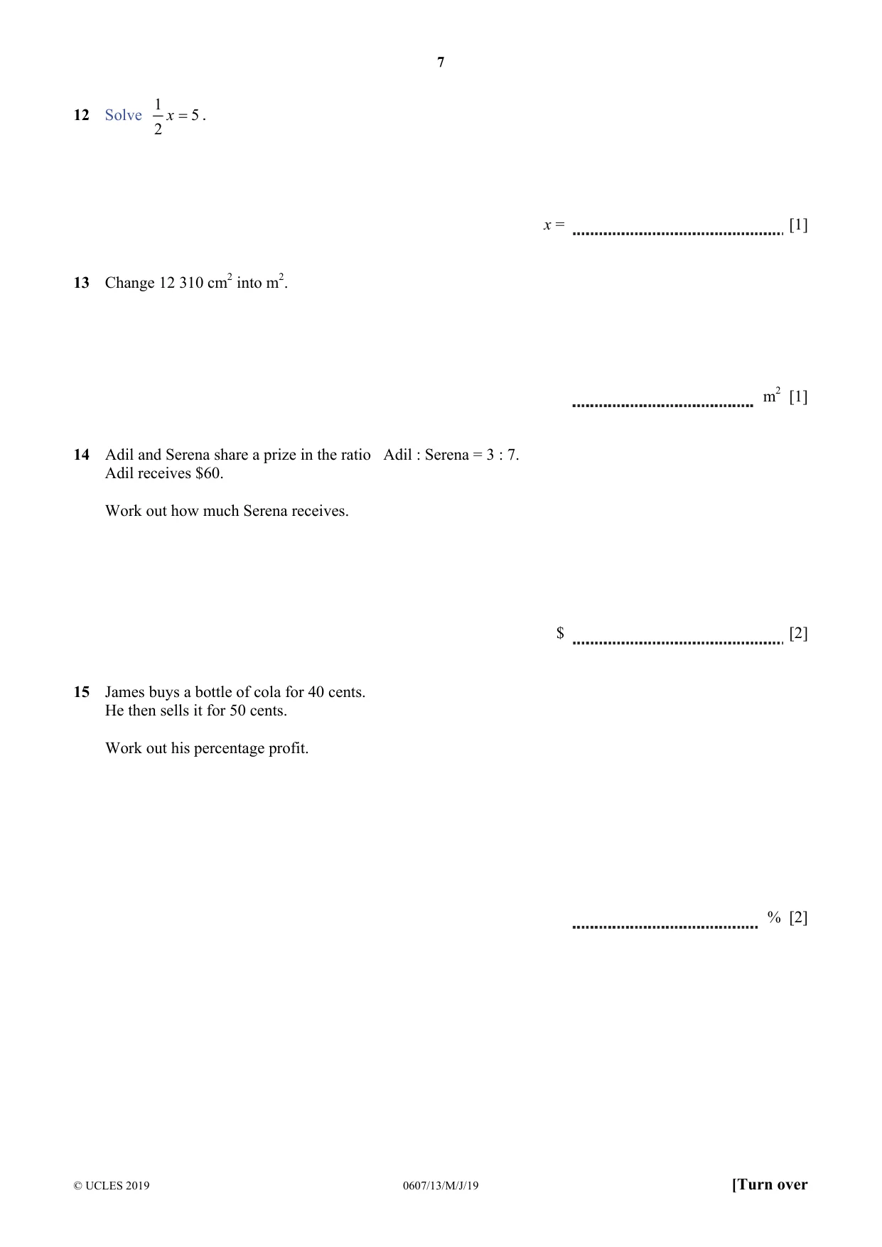 Cambridge IGCSE Mathematics - International 0607 2019 May/June Paper 1 · Variant 3 question paper, page 7 of 12