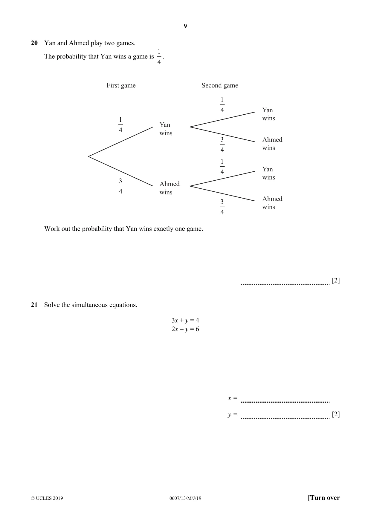 Cambridge IGCSE Mathematics - International 0607 2019 May/June Paper 1 · Variant 3 question paper, page 9 of 12