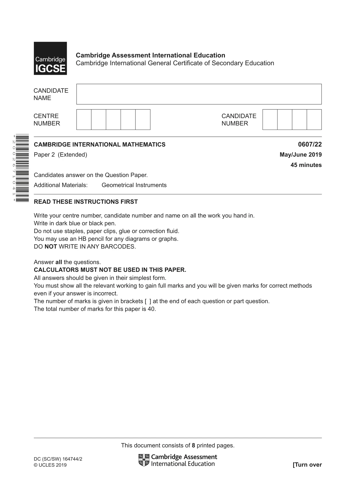 Cambridge IGCSE Mathematics - International 0607 2019 May/June Paper 2 · Variant 2 question paper, page 1 of 8