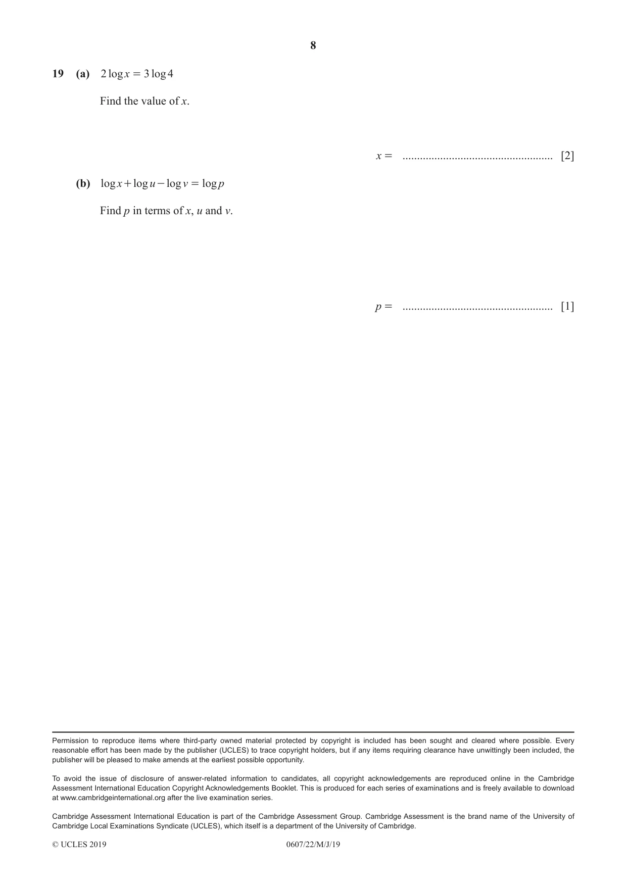 Cambridge IGCSE Mathematics - International 0607 2019 May/June Paper 2 · Variant 2 question paper, page 8 of 8