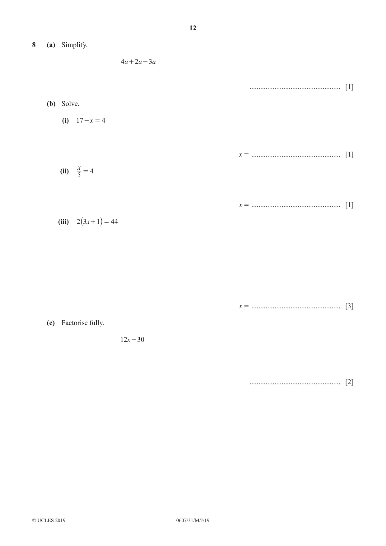Cambridge IGCSE Mathematics - International 0607 2019 May/June Paper 3 · Variant 1 question paper, page 12 of 20
