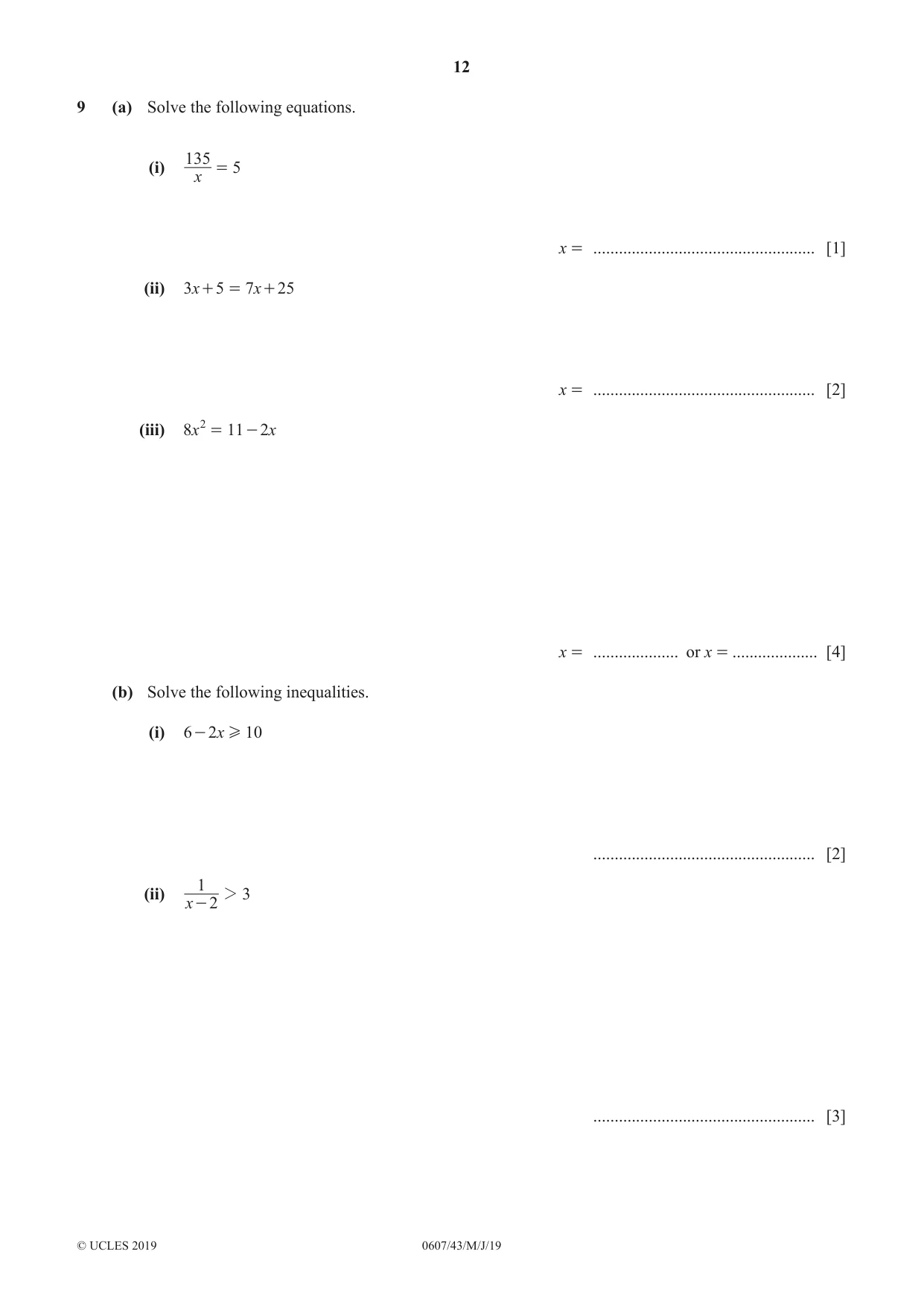 Cambridge IGCSE Mathematics - International 0607 2019 May/June Paper 4 · Variant 3 question paper, page 12 of 20