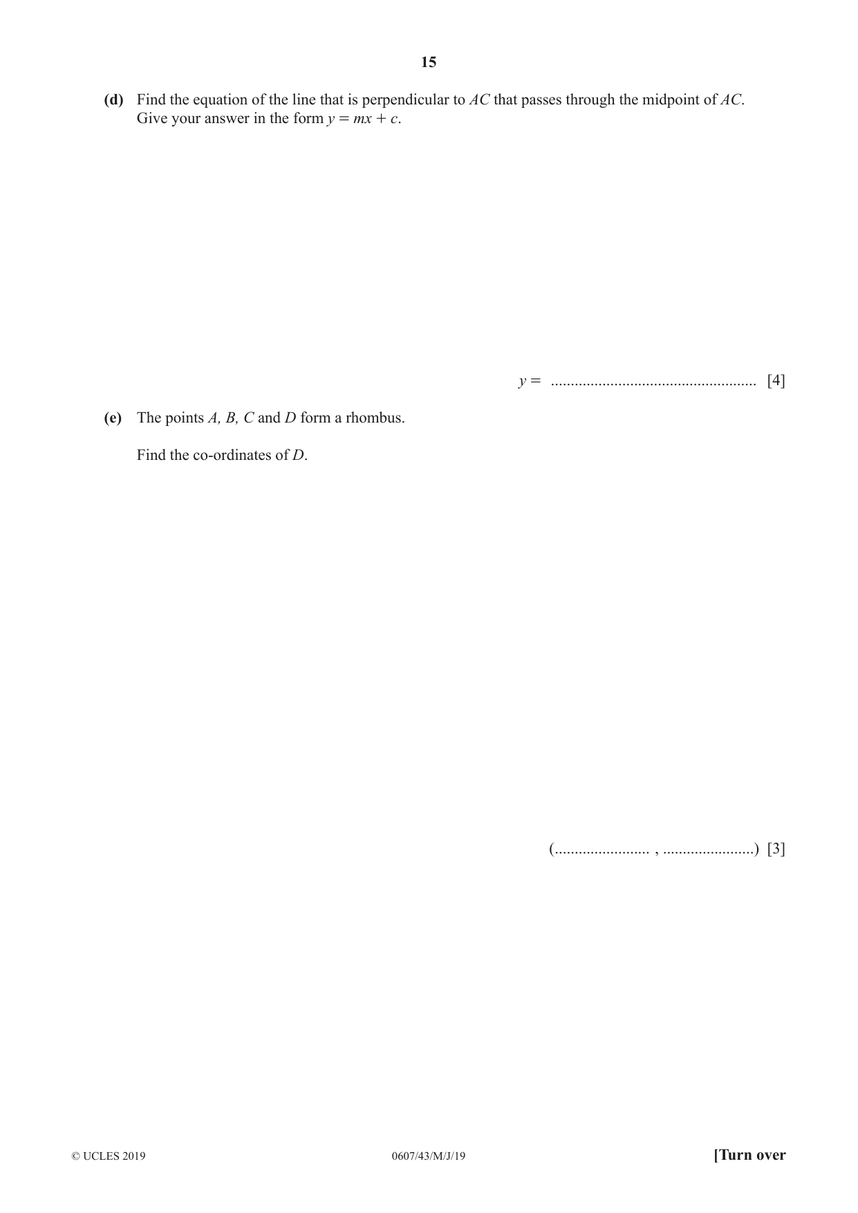 Cambridge IGCSE Mathematics - International 0607 2019 May/June Paper 4 · Variant 3 question paper, page 15 of 20