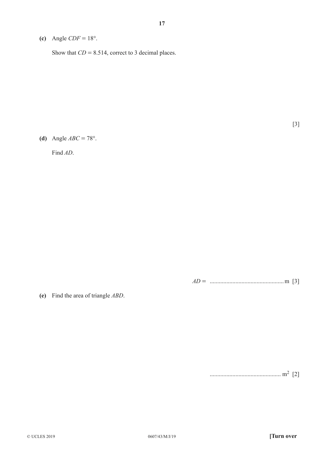 Cambridge IGCSE Mathematics - International 0607 2019 May/June Paper 4 · Variant 3 question paper, page 17 of 20