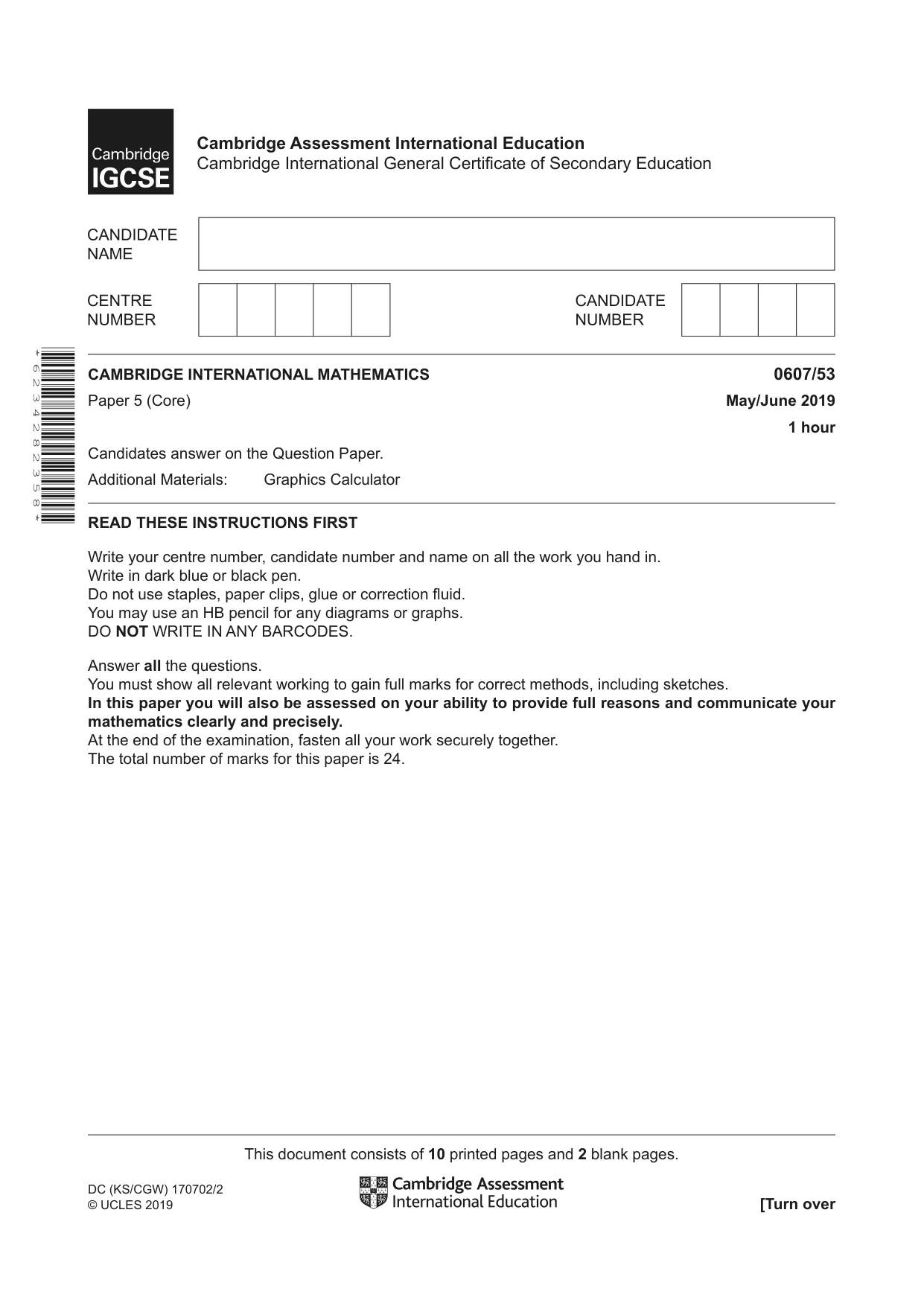 Cambridge IGCSE Mathematics - International 0607 2019 May/June Paper 5 · Variant 3 question paper, page 1 of 12