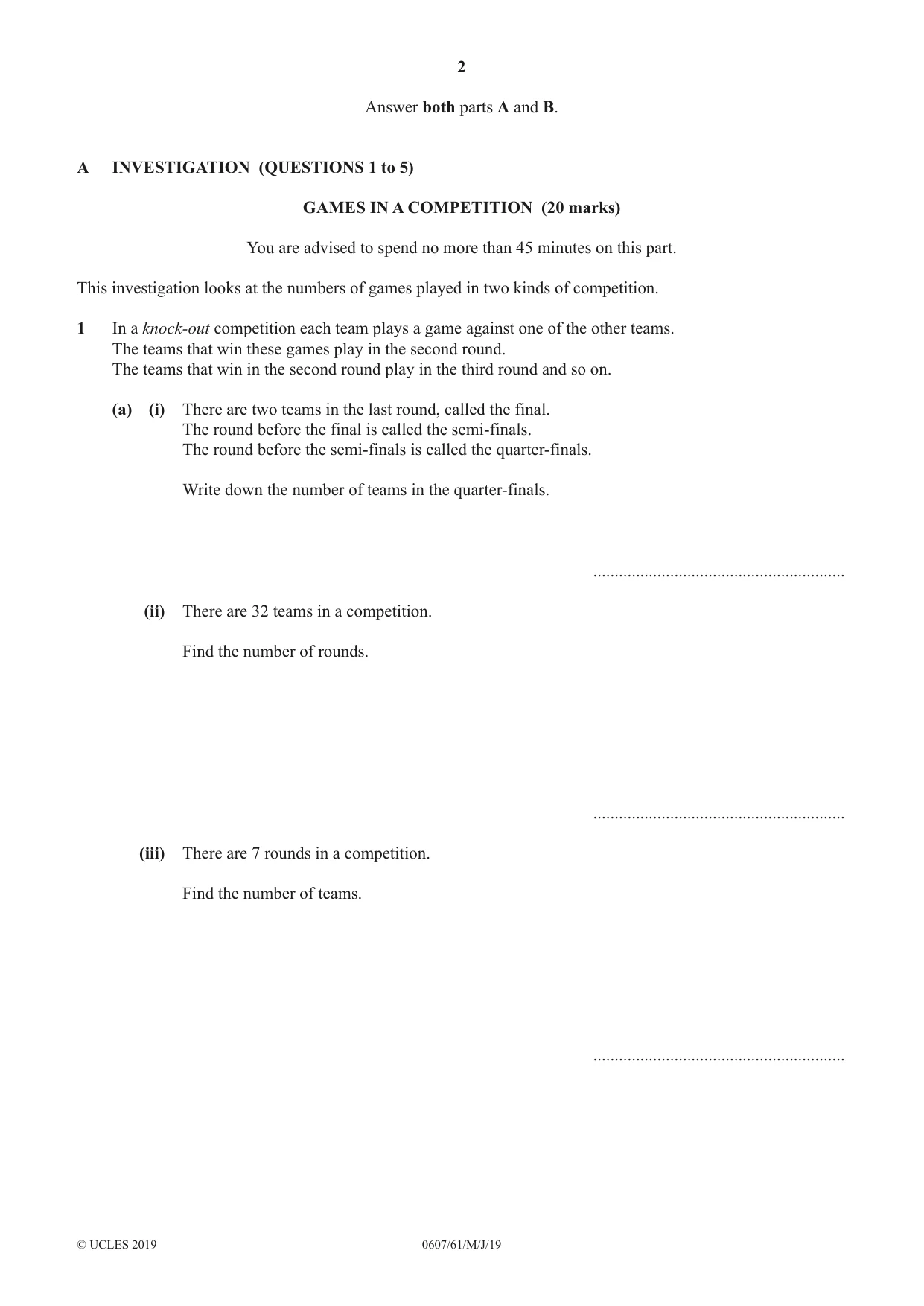 Cambridge IGCSE Mathematics - International 0607 2019 May/June Paper 6 · Variant 1 question paper, page 2 of 12