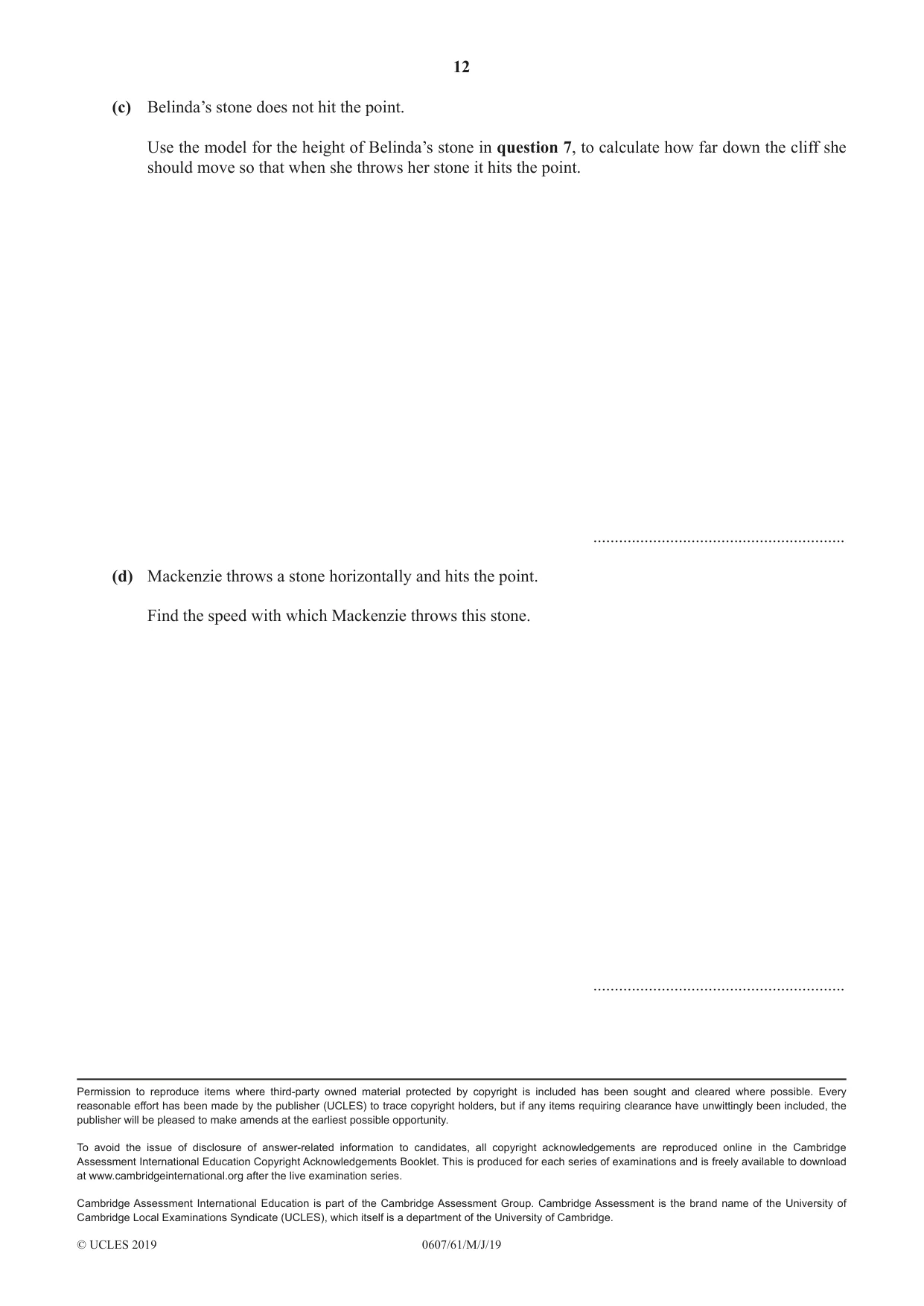 Cambridge IGCSE Mathematics - International 0607 2019 May/June Paper 6 · Variant 1 question paper, page 12 of 12