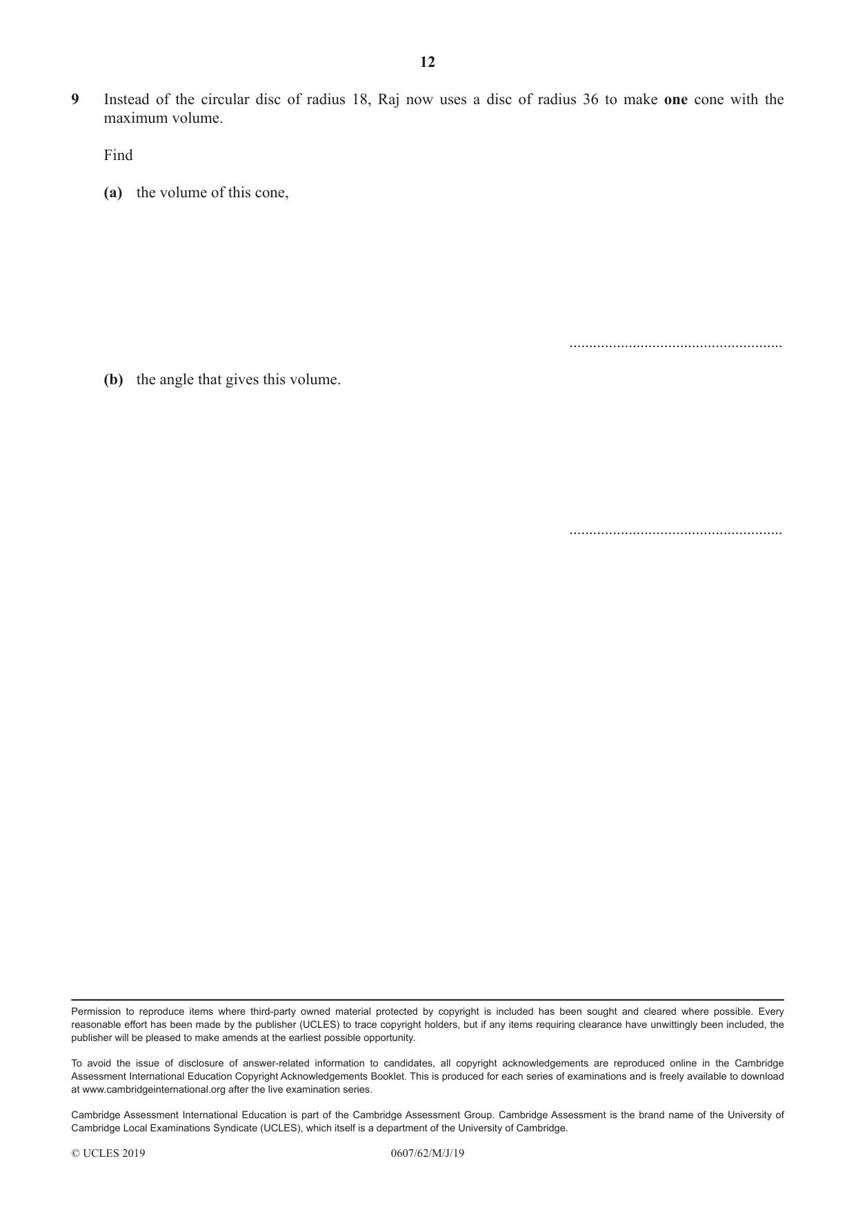 Cambridge IGCSE Mathematics - International 0607 2019 May/June Paper 6 · Variant 2 question paper, page 12 of 12