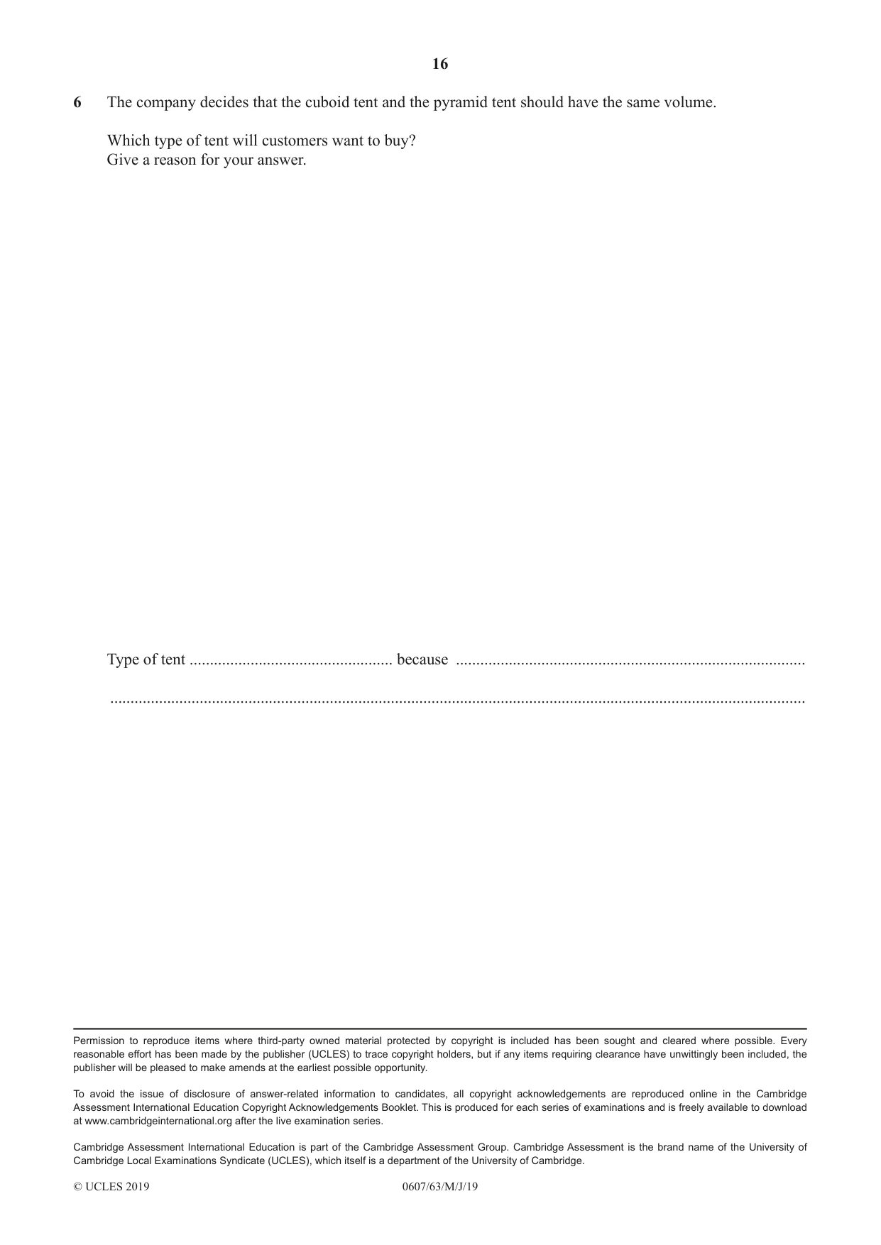Cambridge IGCSE Mathematics - International 0607 2019 May/June Paper 6 · Variant 3 question paper, page 16 of 16