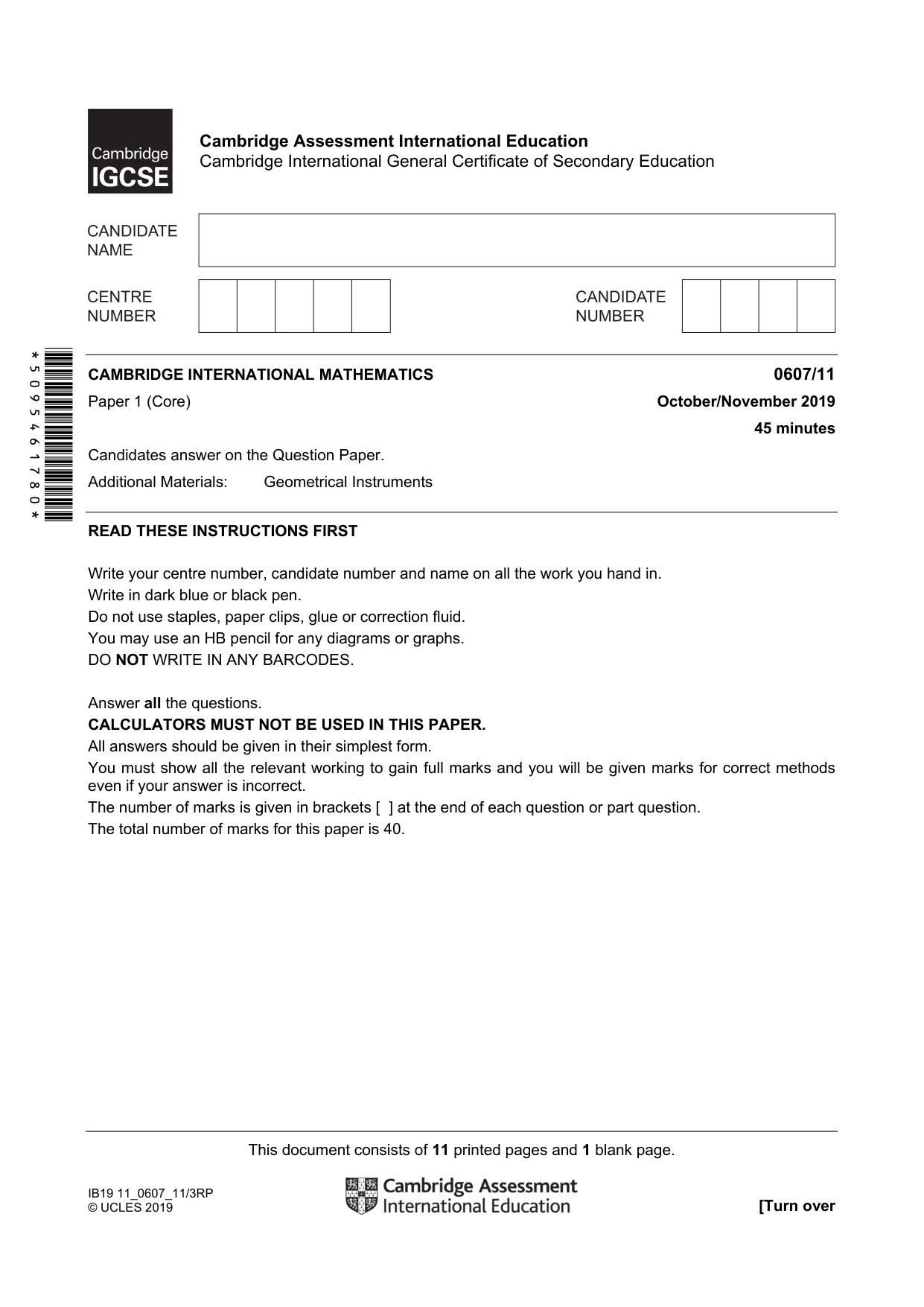 Cambridge IGCSE Mathematics - International 0607 2019 Oct/Nov Paper 1 · Variant 1 question paper, page 1 of 12