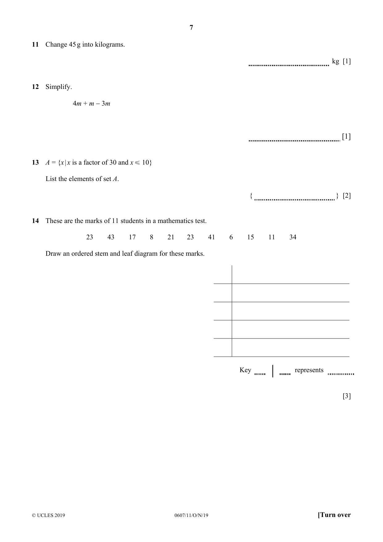 Cambridge IGCSE Mathematics - International 0607 2019 Oct/Nov Paper 1 · Variant 1 question paper, page 7 of 12