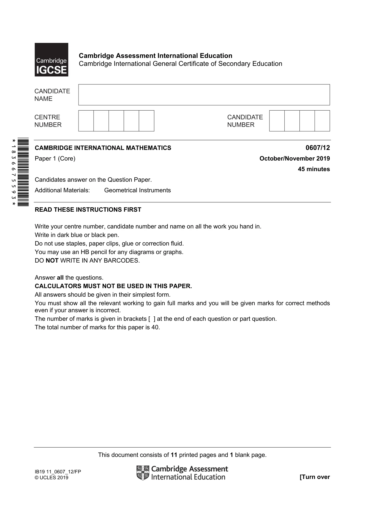 Cambridge IGCSE Mathematics - International 0607 2019 Oct/Nov Paper 1 · Variant 2 question paper, page 1 of 12