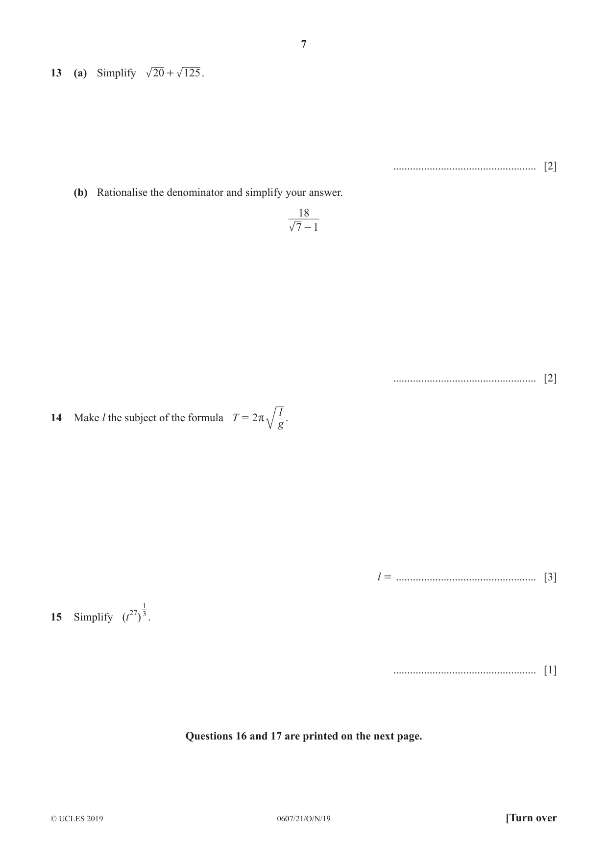 Cambridge IGCSE Mathematics - International 0607 2019 Oct/Nov Paper 2 · Variant 1 question paper, page 7 of 8