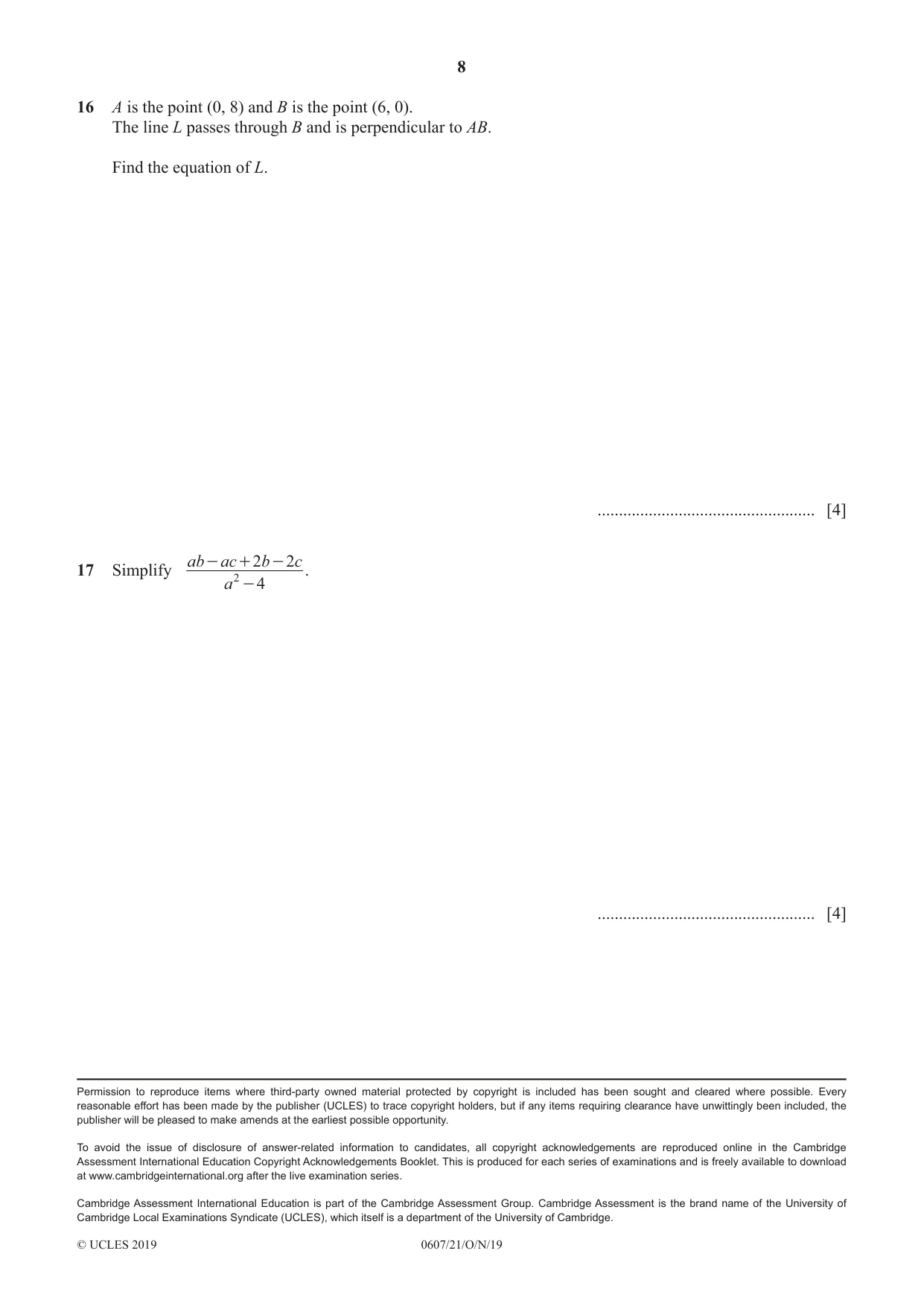 Cambridge IGCSE Mathematics - International 0607 2019 Oct/Nov Paper 2 · Variant 1 question paper, page 8 of 8