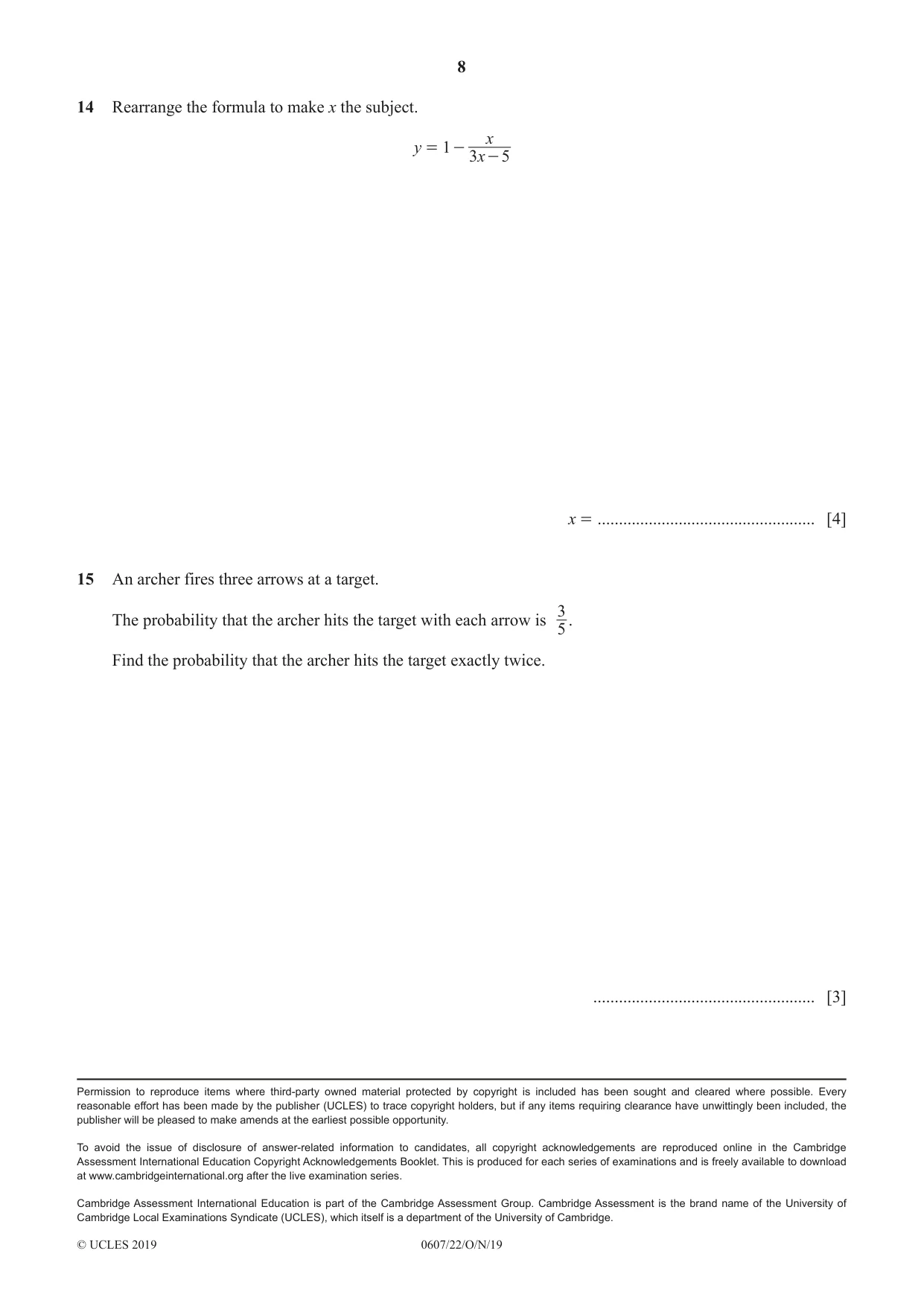 Cambridge IGCSE Mathematics - International 0607 2019 Oct/Nov Paper 2 · Variant 2 question paper, page 8 of 8