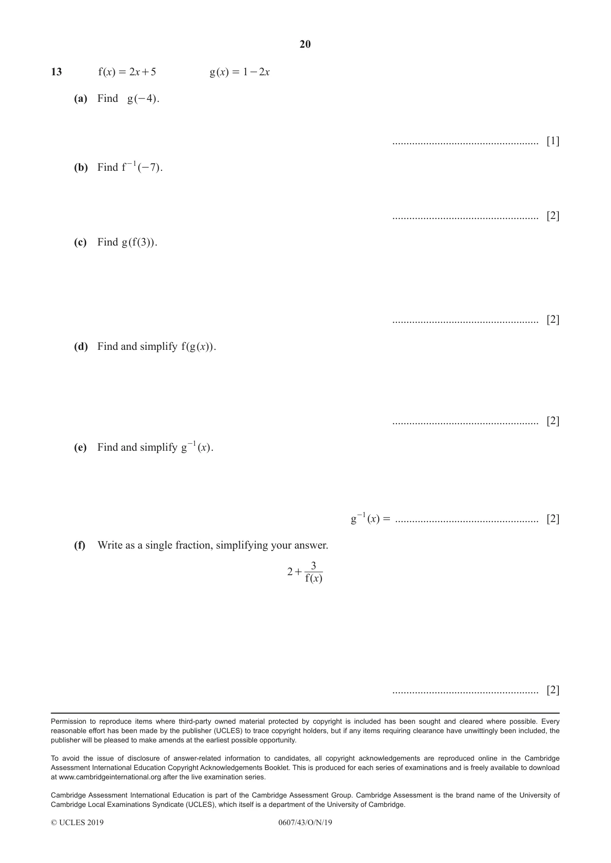 Cambridge IGCSE Mathematics - International 0607 2019 Oct/Nov Paper 4 · Variant 3 question paper, page 20 of 20