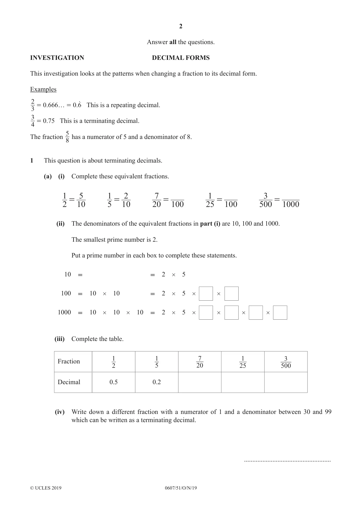 Cambridge IGCSE Mathematics - International 0607 2019 Oct/Nov Paper 5 · Variant 1 question paper, page 2 of 8