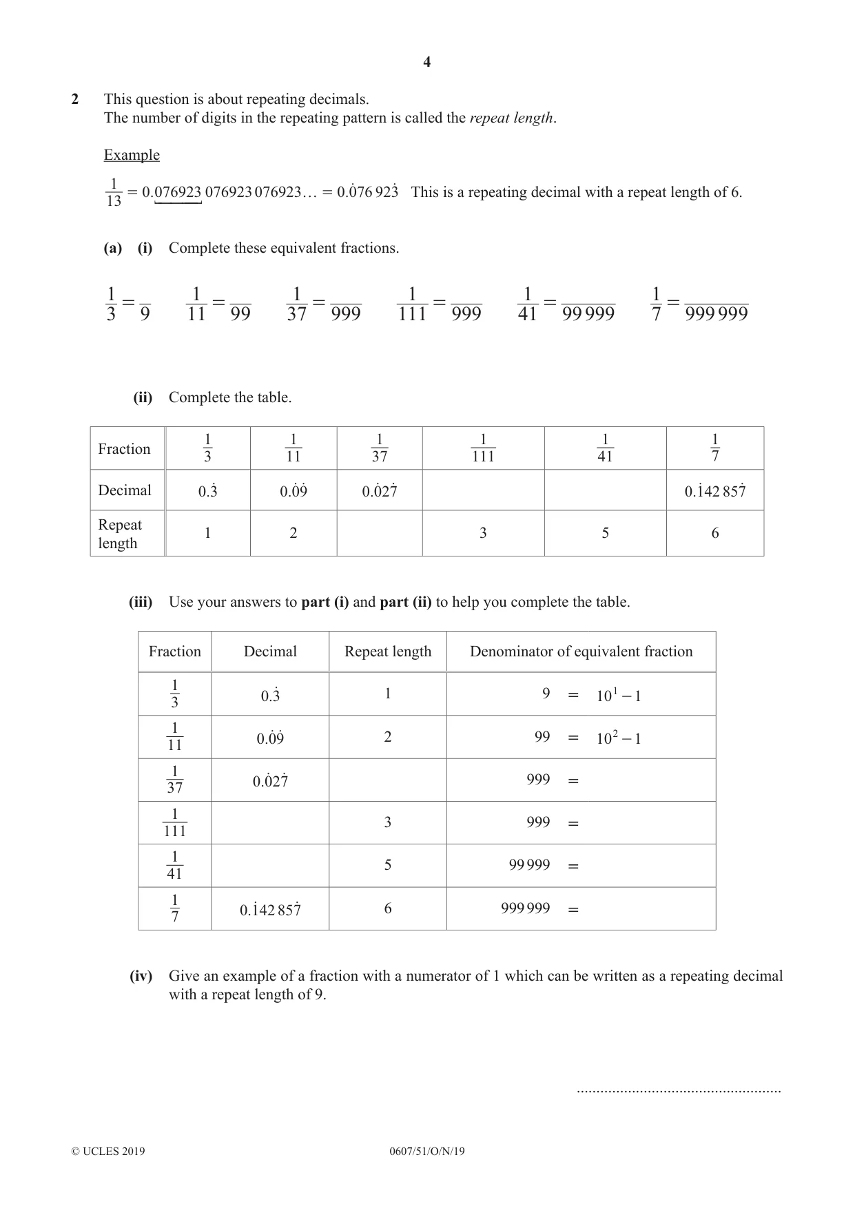 Cambridge IGCSE Mathematics - International 0607 2019 Oct/Nov Paper 5 · Variant 1 question paper, page 4 of 8