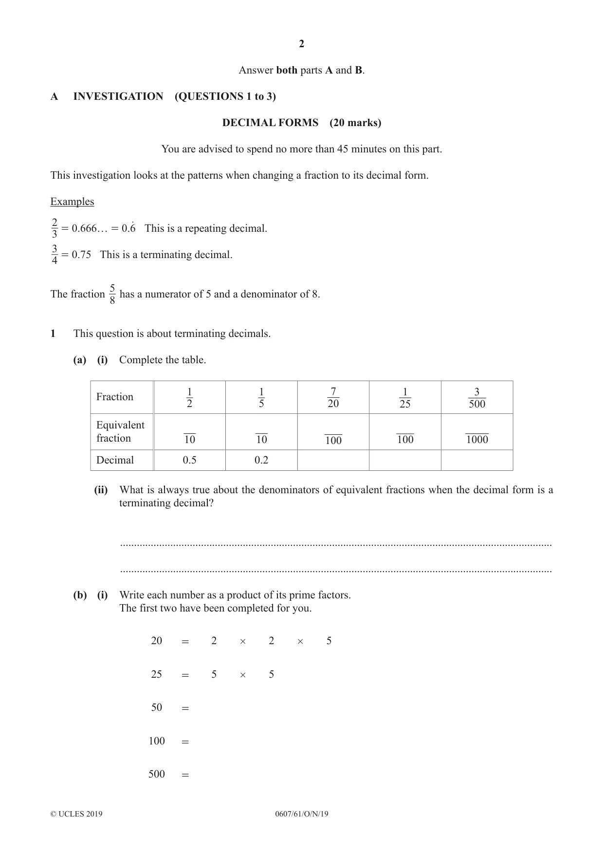 Cambridge IGCSE Mathematics - International 0607 2019 Oct/Nov Paper 6 · Variant 1 question paper, page 2 of 12