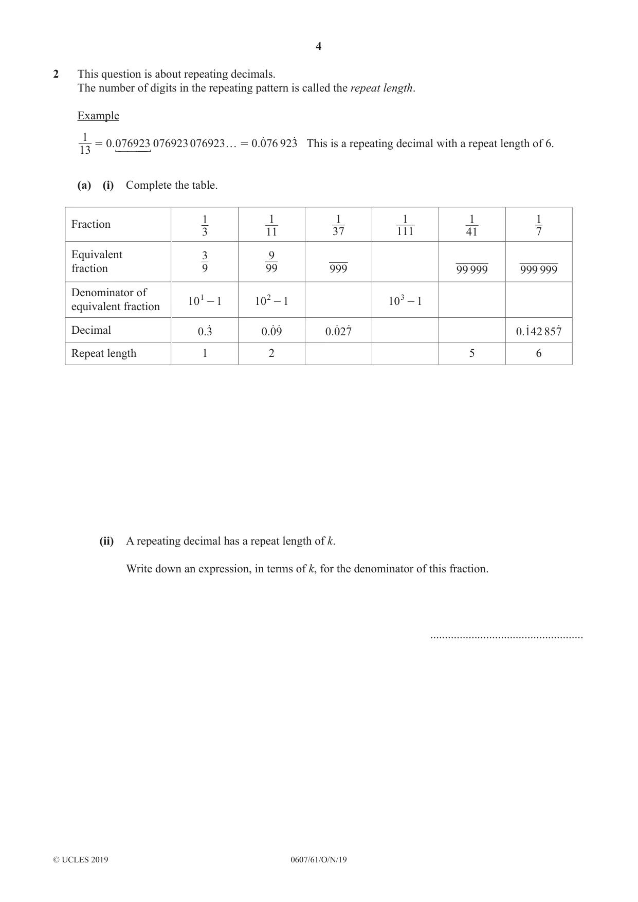 Cambridge IGCSE Mathematics - International 0607 2019 Oct/Nov Paper 6 · Variant 1 question paper, page 4 of 12