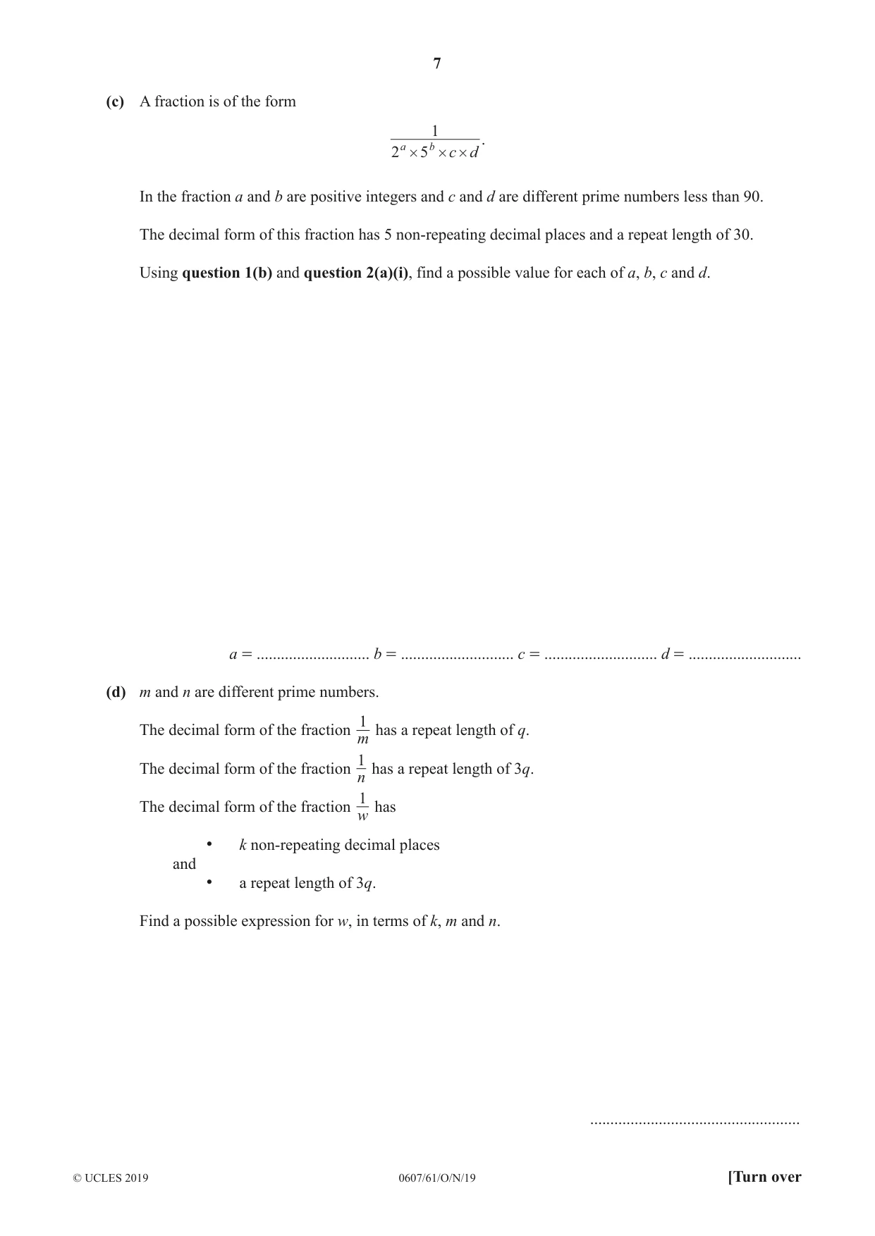 Cambridge IGCSE Mathematics - International 0607 2019 Oct/Nov Paper 6 · Variant 1 question paper, page 7 of 12