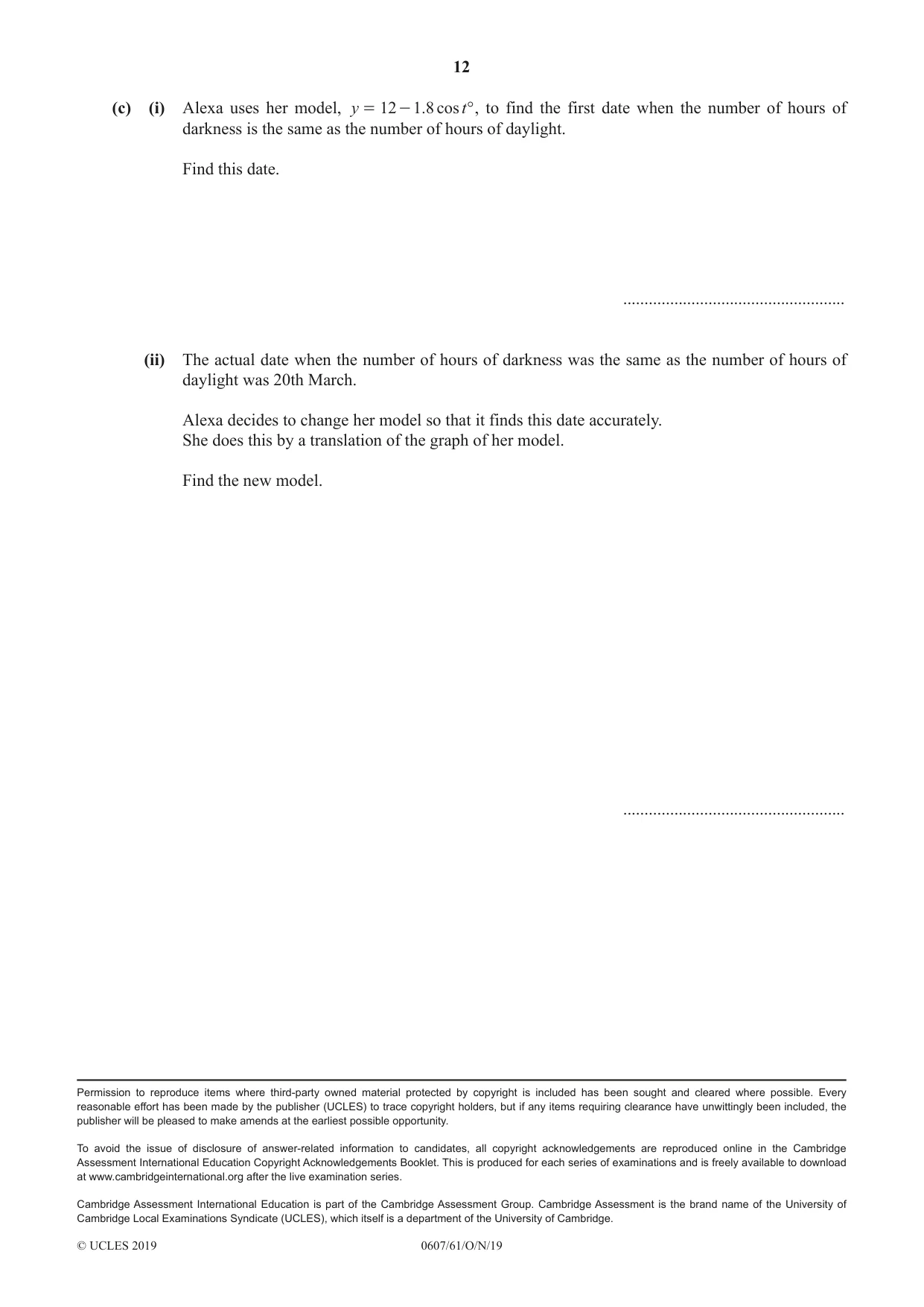 Cambridge IGCSE Mathematics - International 0607 2019 Oct/Nov Paper 6 · Variant 1 question paper, page 12 of 12