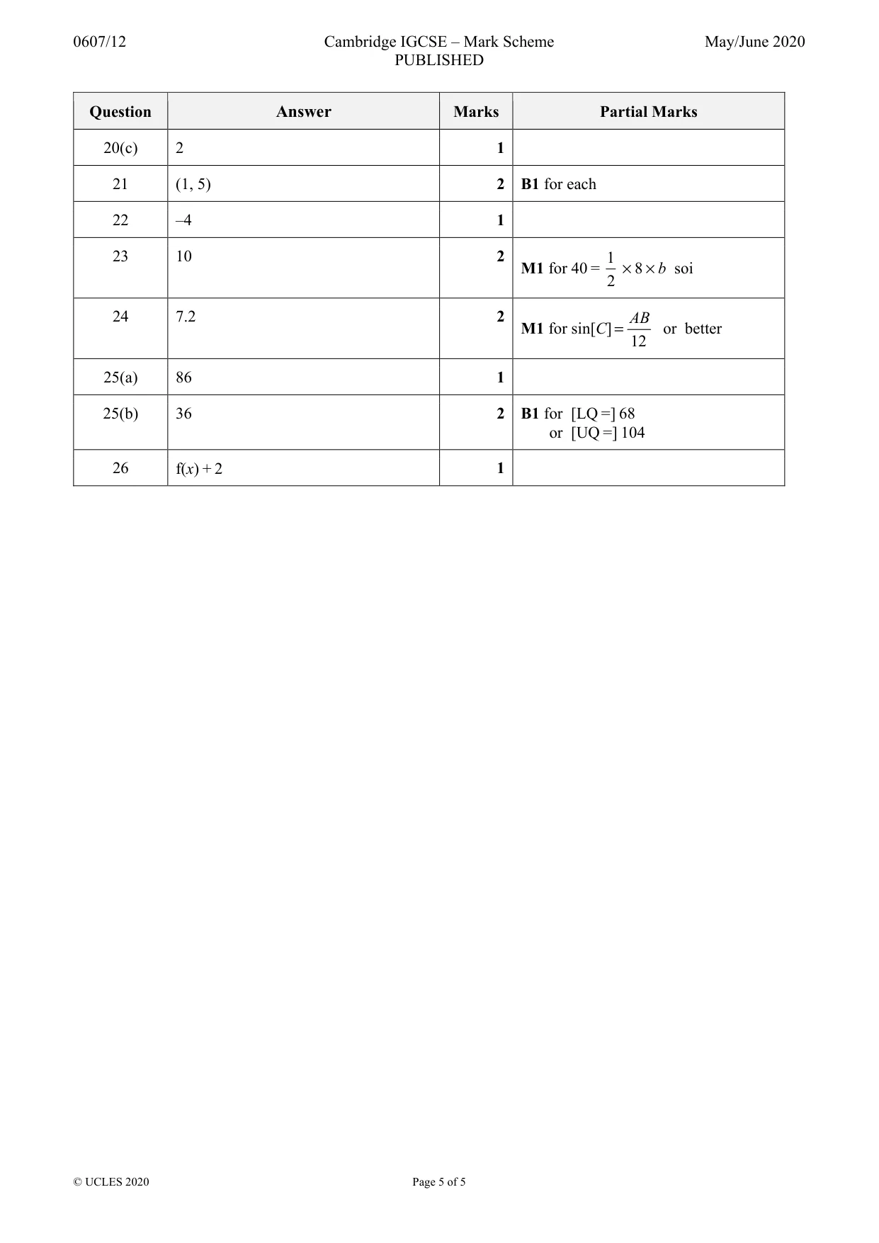 Mark scheme, page 5 of 5