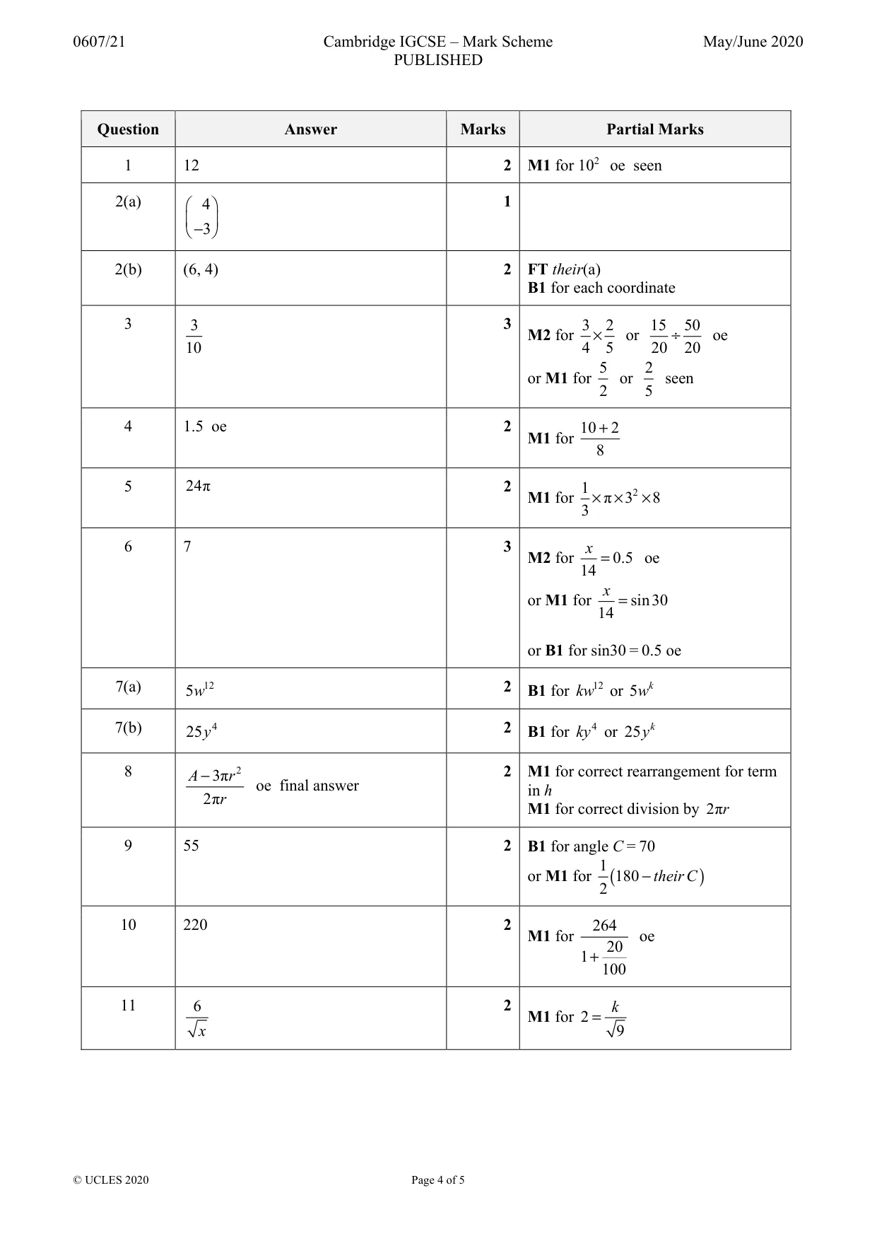 Mark scheme, page 4 of 5