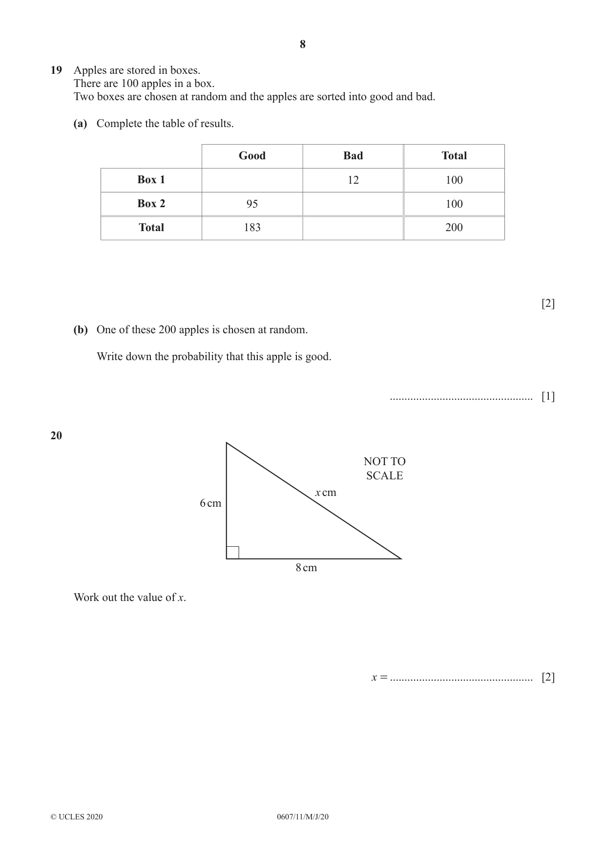 Cambridge IGCSE Mathematics - International 0607 2020 May/June Paper 1 · Variant 1 question paper, page 8 of 12