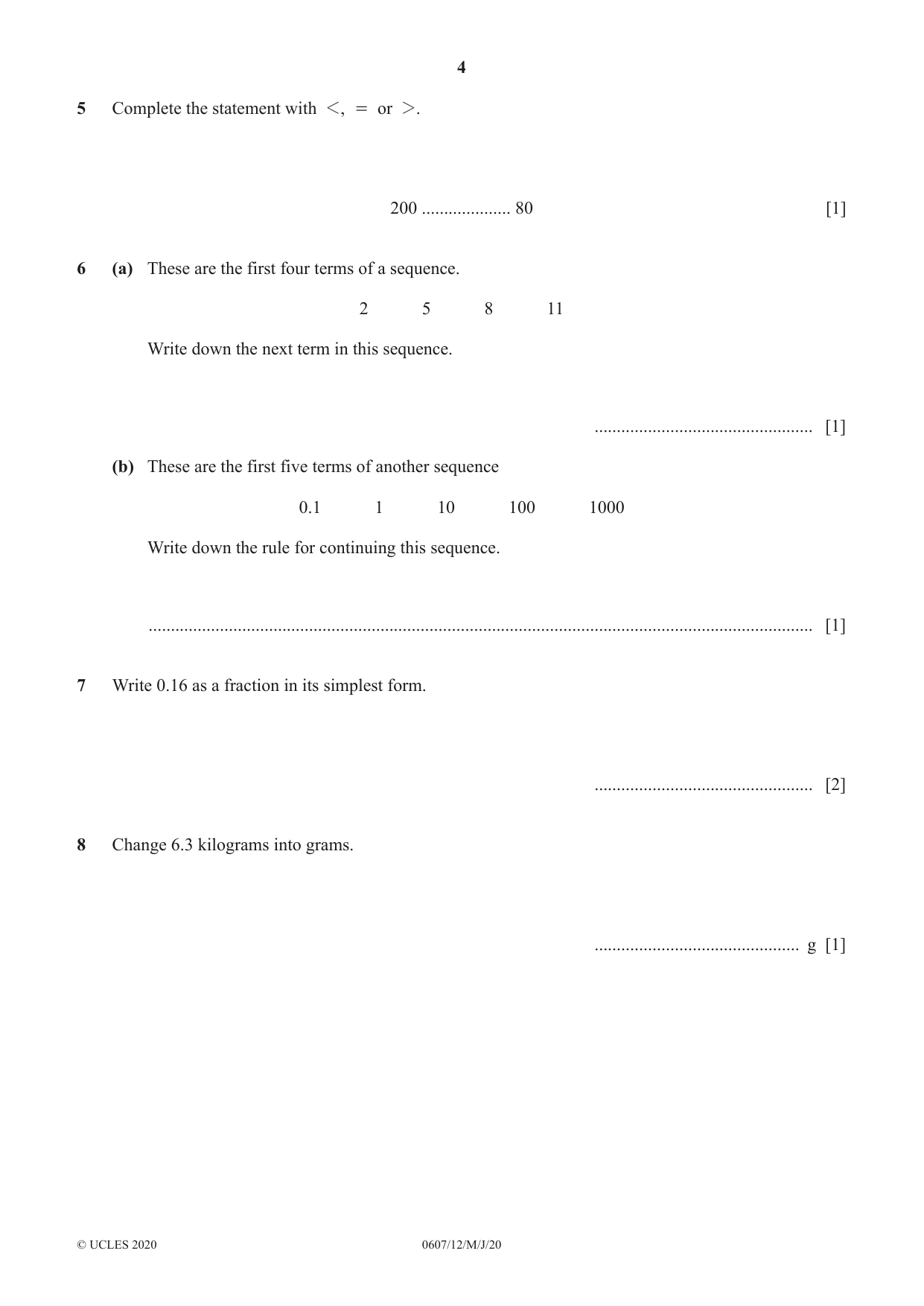 Cambridge IGCSE Mathematics - International 0607 2020 May/June Paper 1 · Variant 2 question paper, page 4 of 12