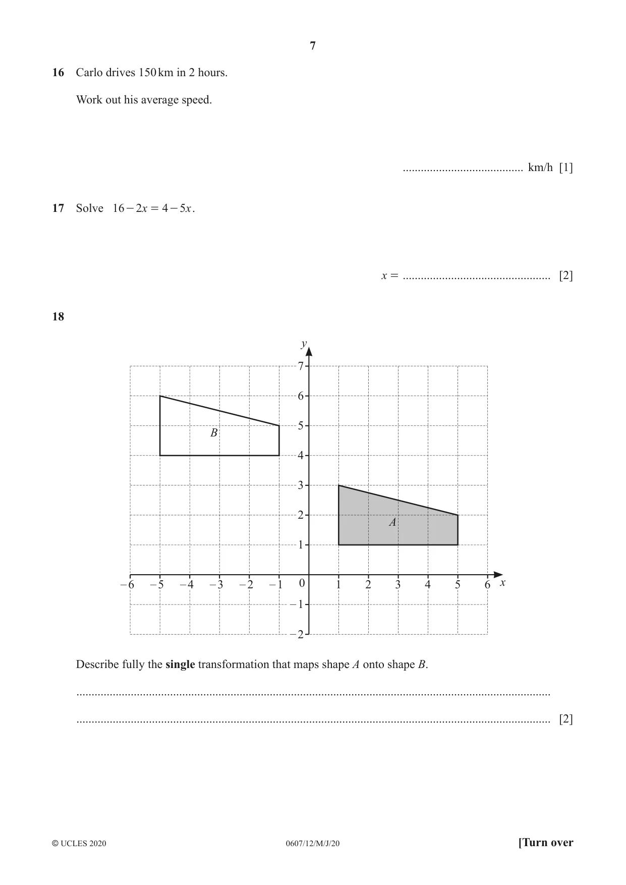 Cambridge IGCSE Mathematics - International 0607 2020 May/June Paper 1 · Variant 2 question paper, page 7 of 12