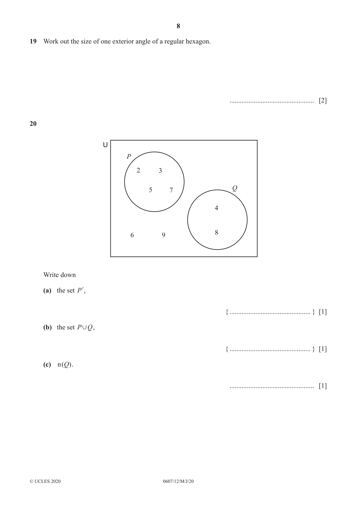 Cambridge IGCSE Mathematics - International 0607 2020 May/June Paper 1 · Variant 2 question paper, page 8 of 12
