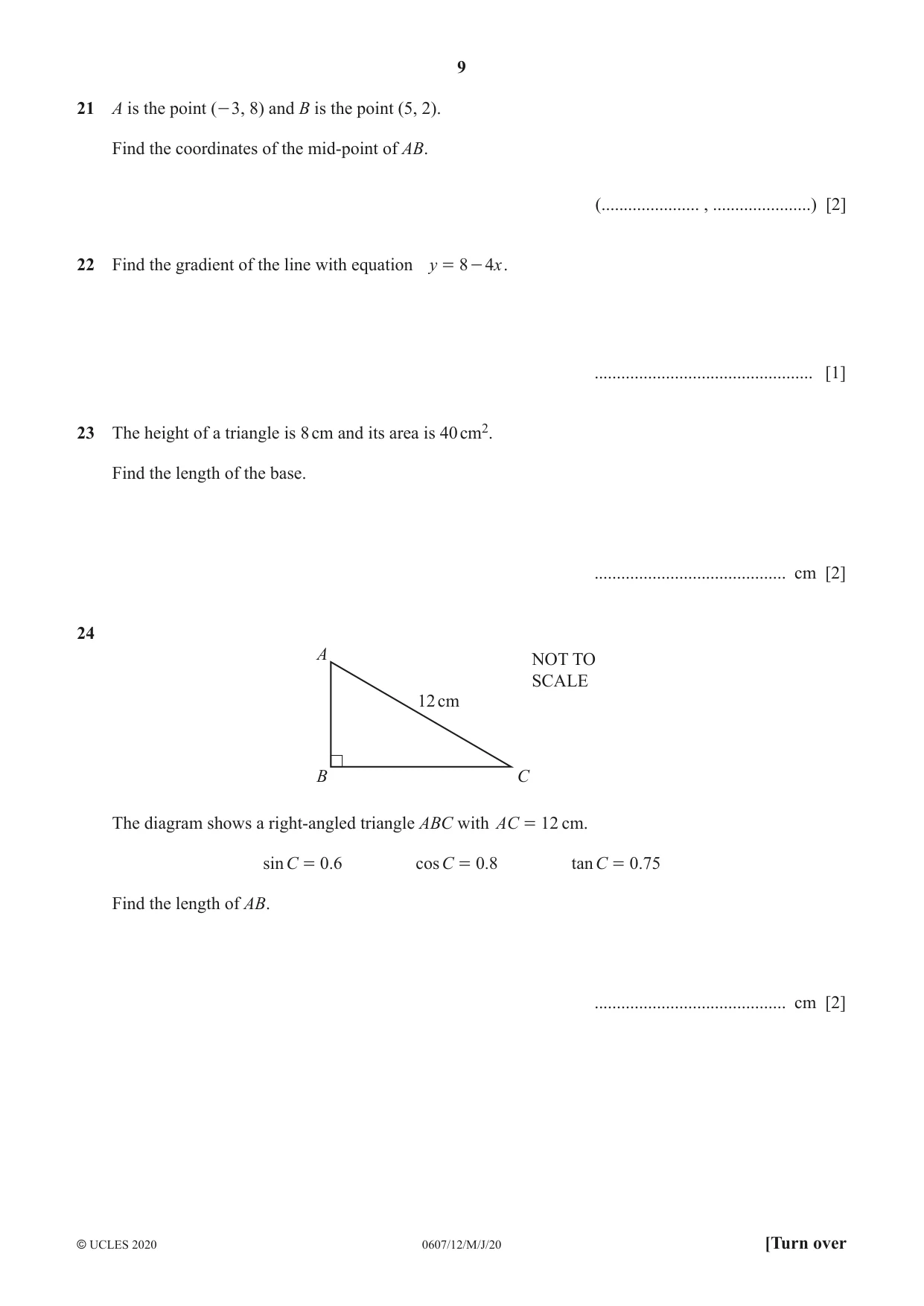 Cambridge IGCSE Mathematics - International 0607 2020 May/June Paper 1 · Variant 2 question paper, page 9 of 12