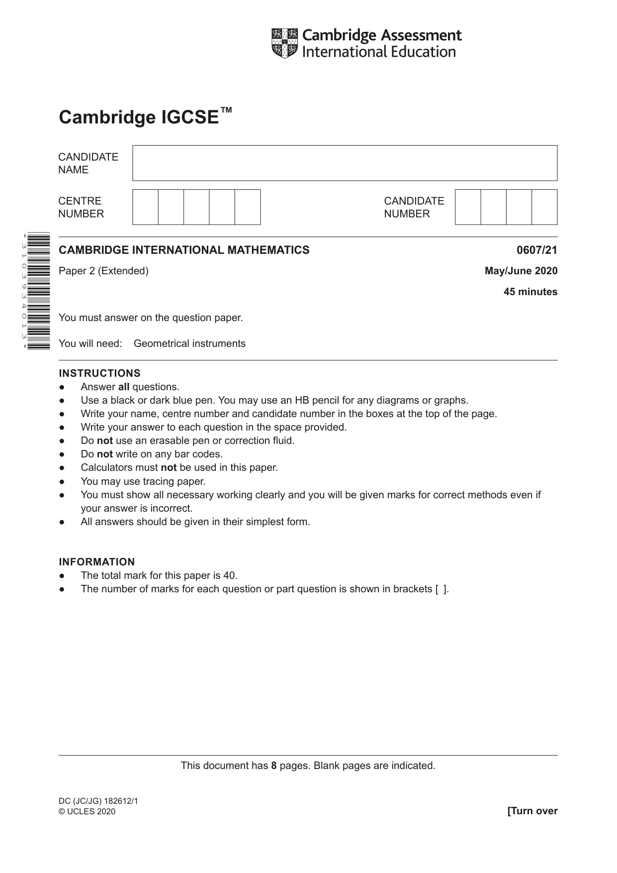 Cambridge IGCSE Mathematics - International 0607 2020 May/June Paper 2 · Variant 1 question paper, page 1 of 8
