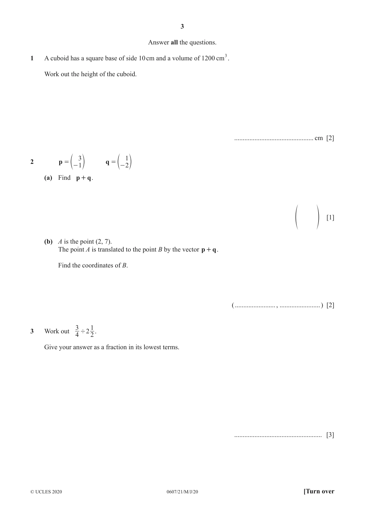 Cambridge IGCSE Mathematics - International 0607 2020 May/June Paper 2 · Variant 1 question paper, page 3 of 8