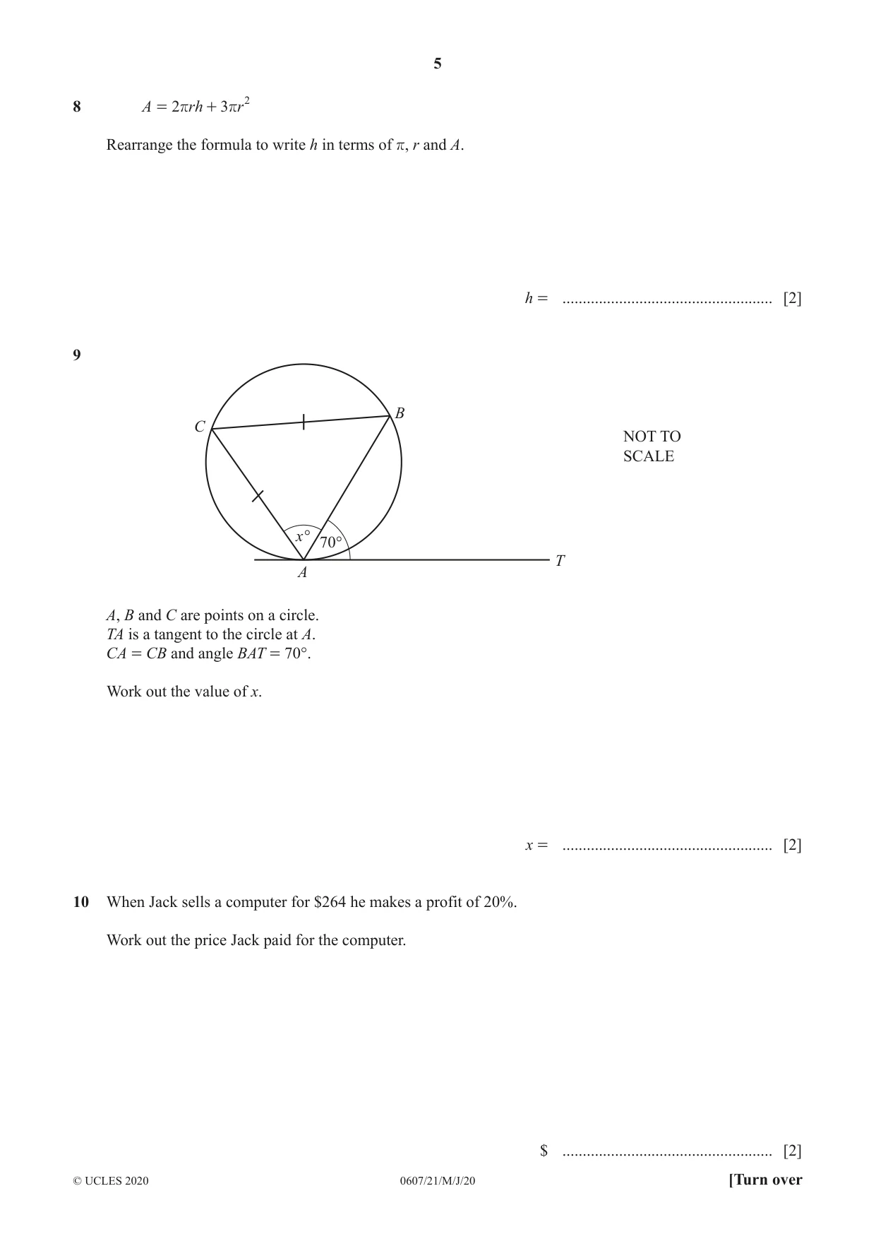 Cambridge IGCSE Mathematics - International 0607 2020 May/June Paper 2 · Variant 1 question paper, page 5 of 8