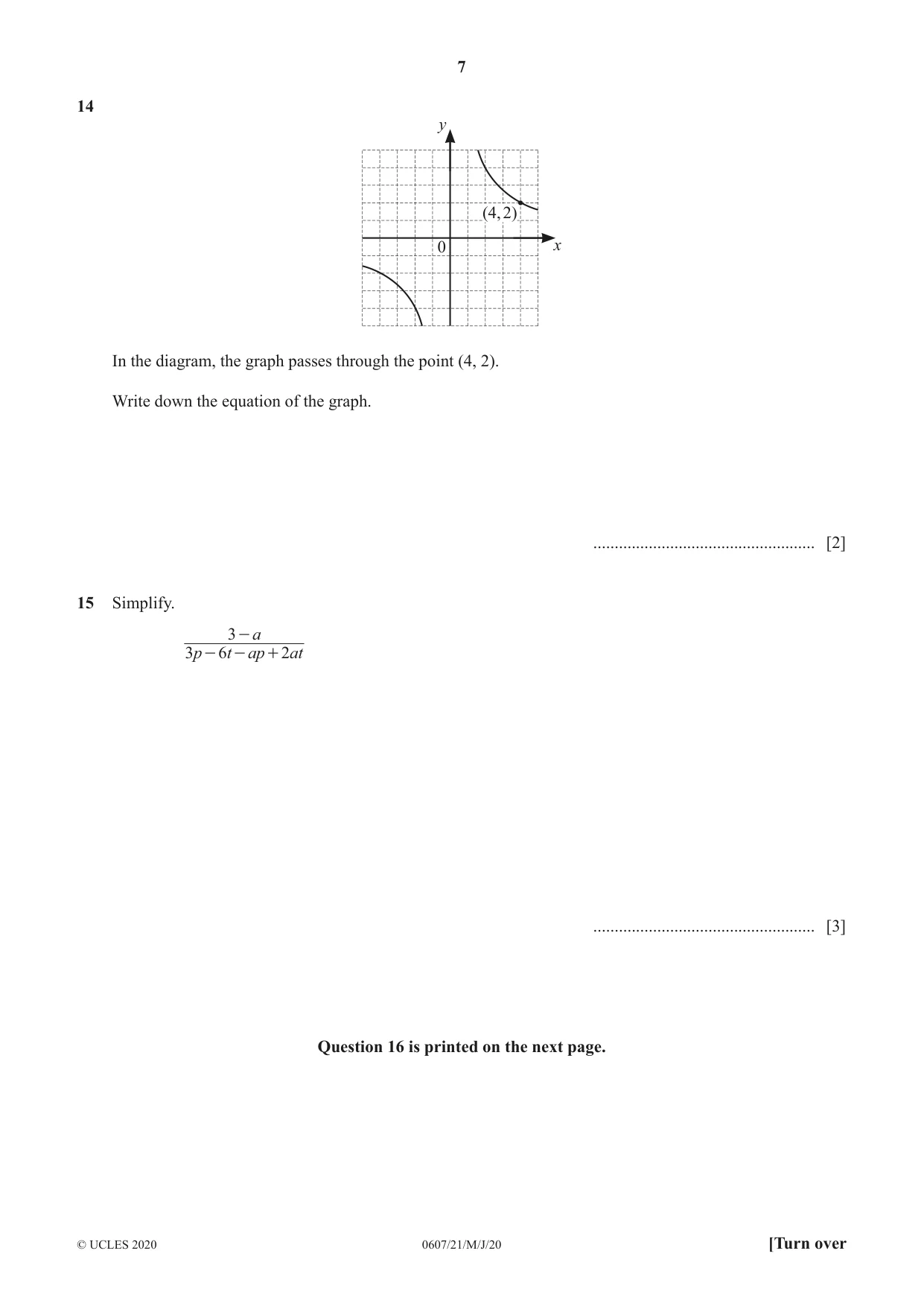 Cambridge IGCSE Mathematics - International 0607 2020 May/June Paper 2 · Variant 1 question paper, page 7 of 8