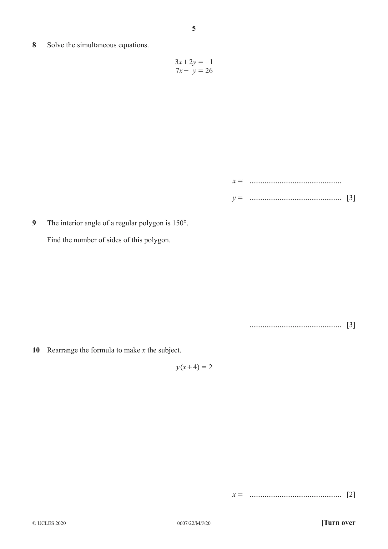Cambridge IGCSE Mathematics - International 0607 2020 May/June Paper 2 · Variant 2 question paper, page 5 of 8