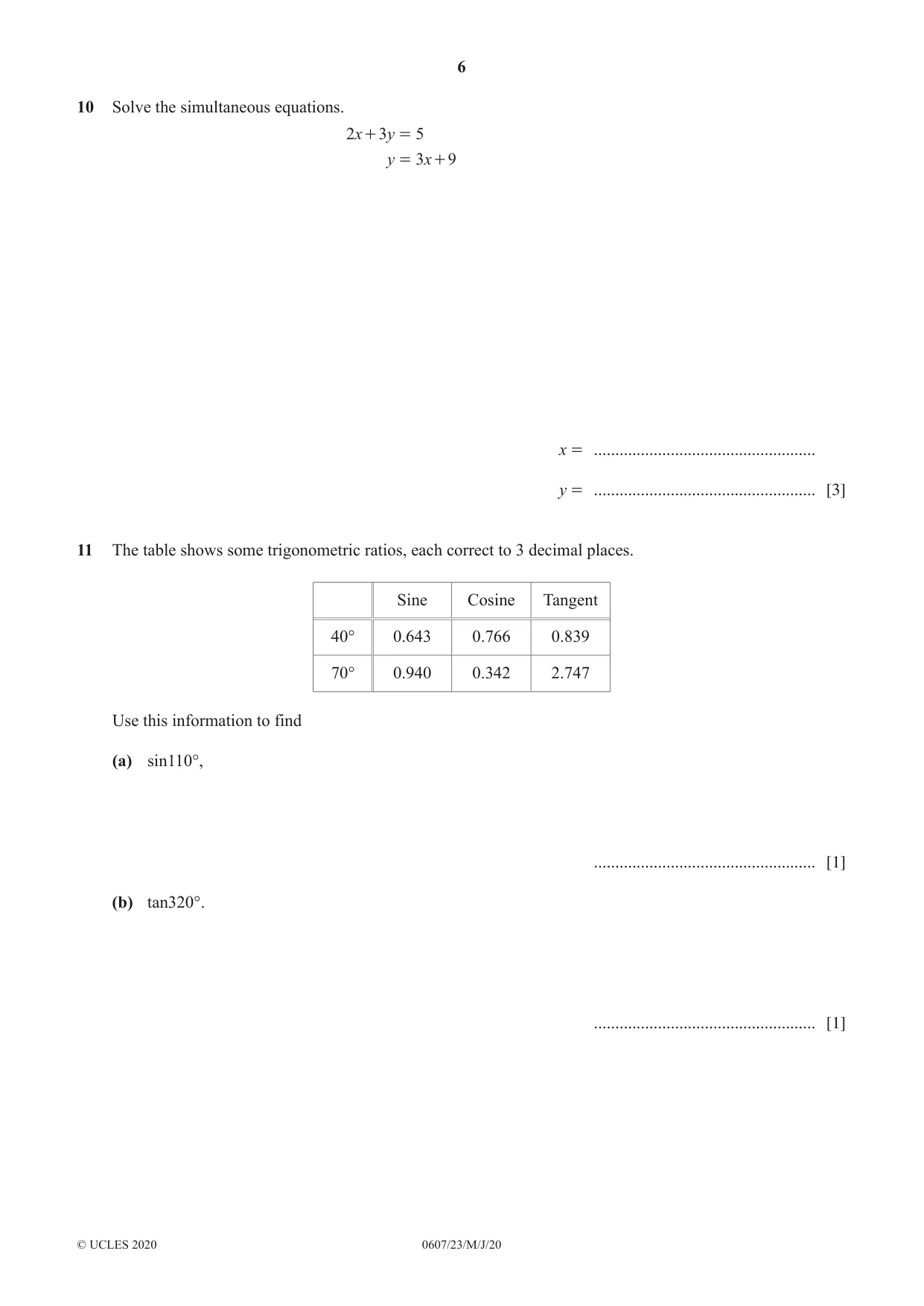 Cambridge IGCSE Mathematics - International 0607 2020 May/June Paper 2 · Variant 3 question paper, page 6 of 8